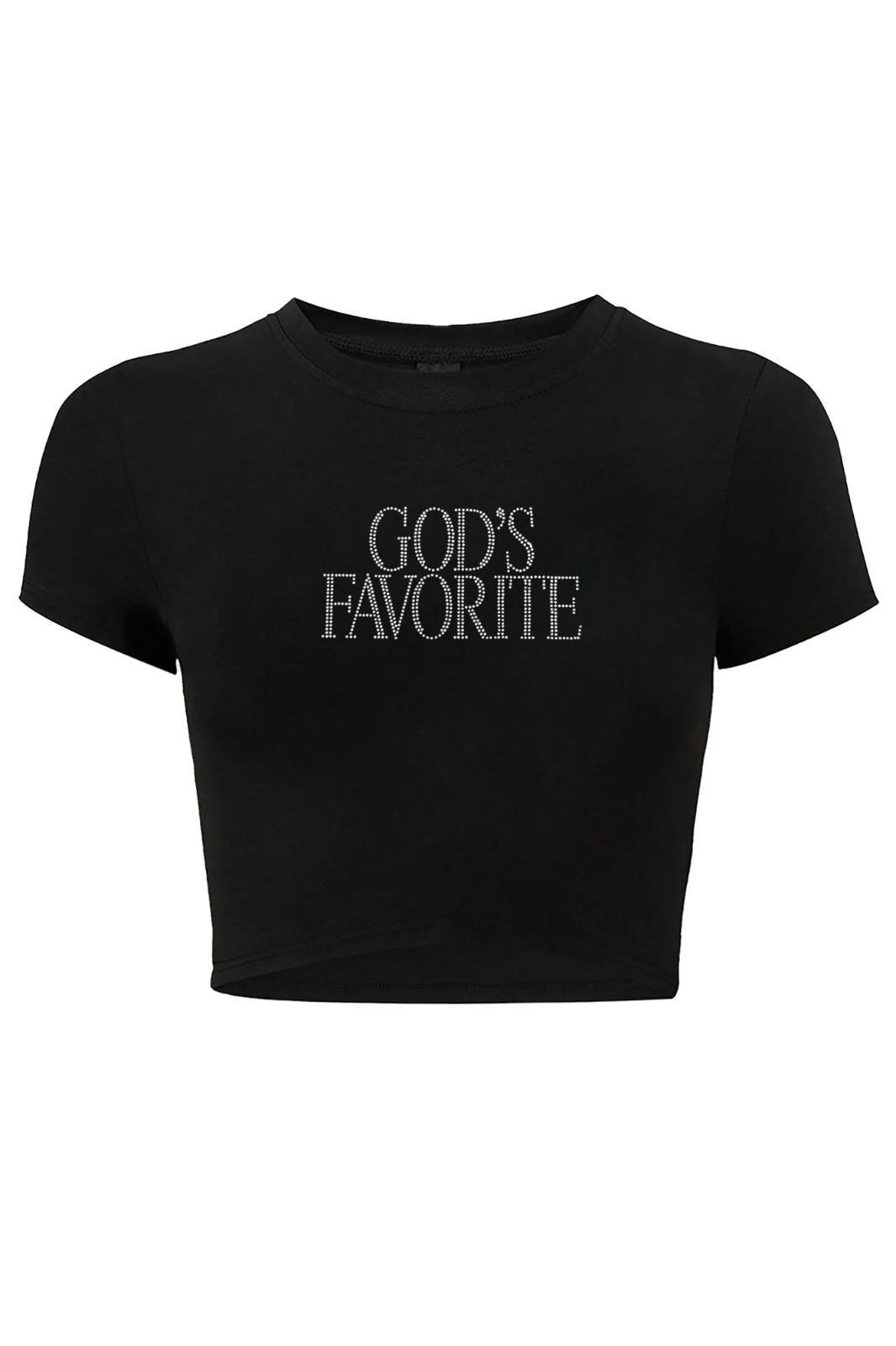 BRZ Collection Kadın God's Favorite Kristal Taş Baskılı Crop T-shirt Siyah