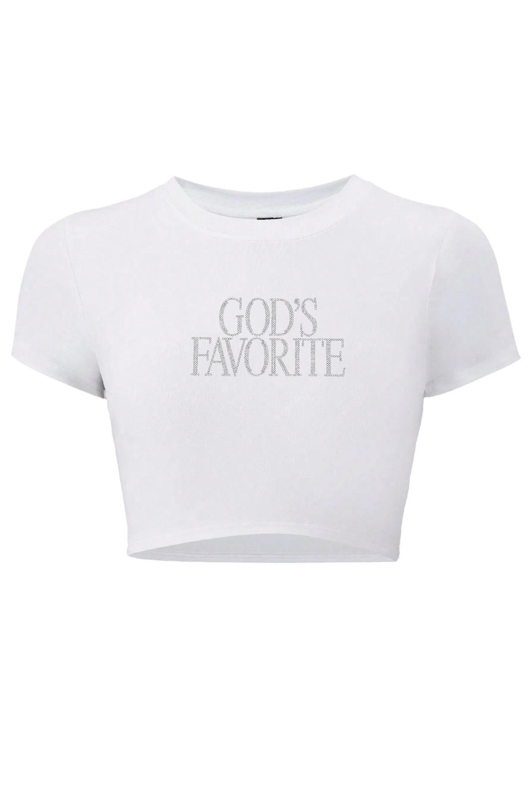 BRZ Collection Kadın God's Favorite Kristal Taş Baskılı Crop T-shirt Beyaz