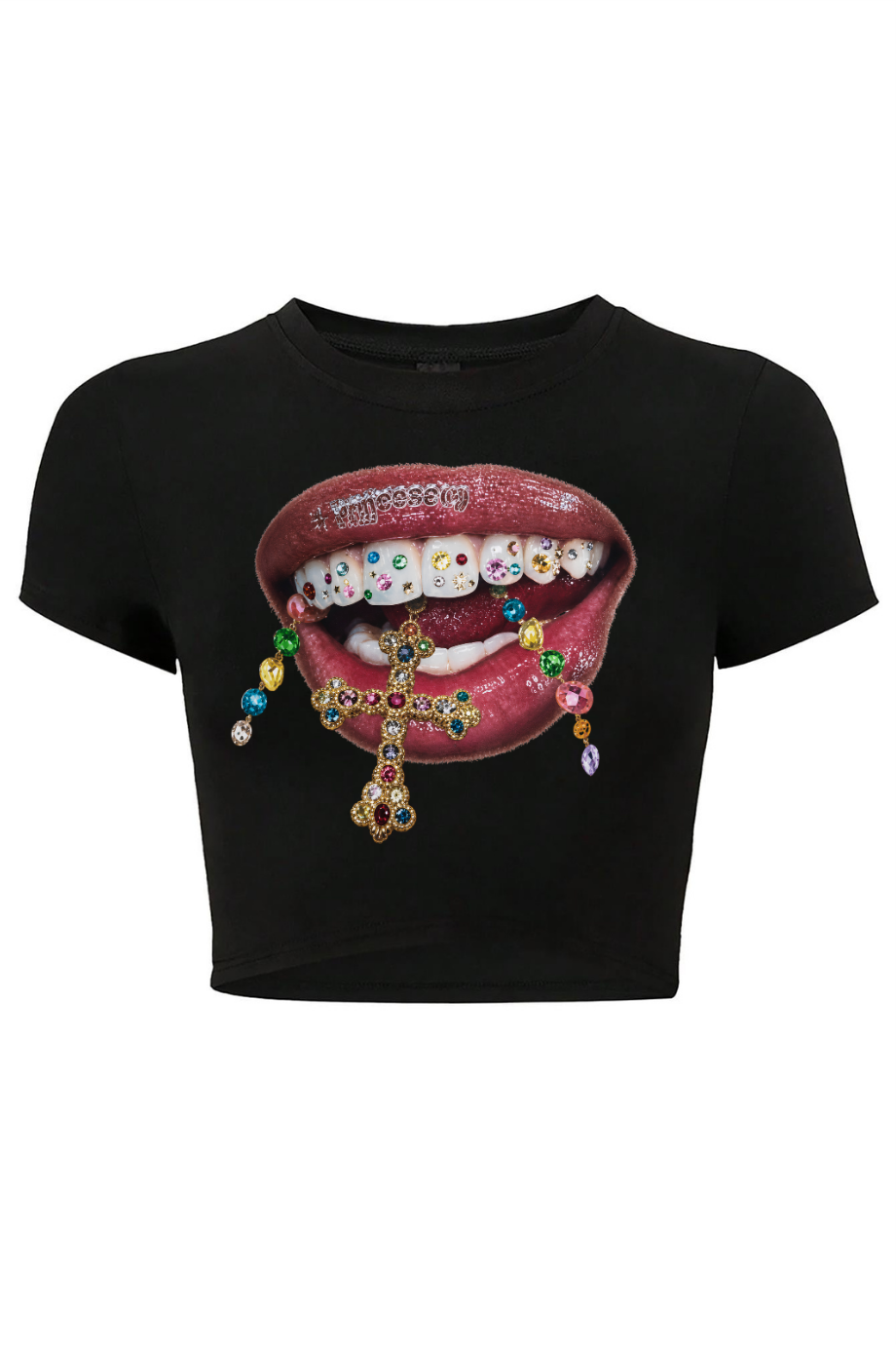 BRZ Collection KADIN Grillz Renkli Taş Dudak Desenli CROP Siyah