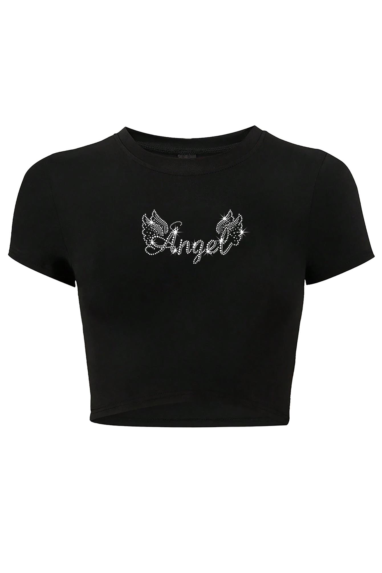 BRZ Collection Kadın Kristal Taş Baskılı Angel Crop T-shirt Siyah