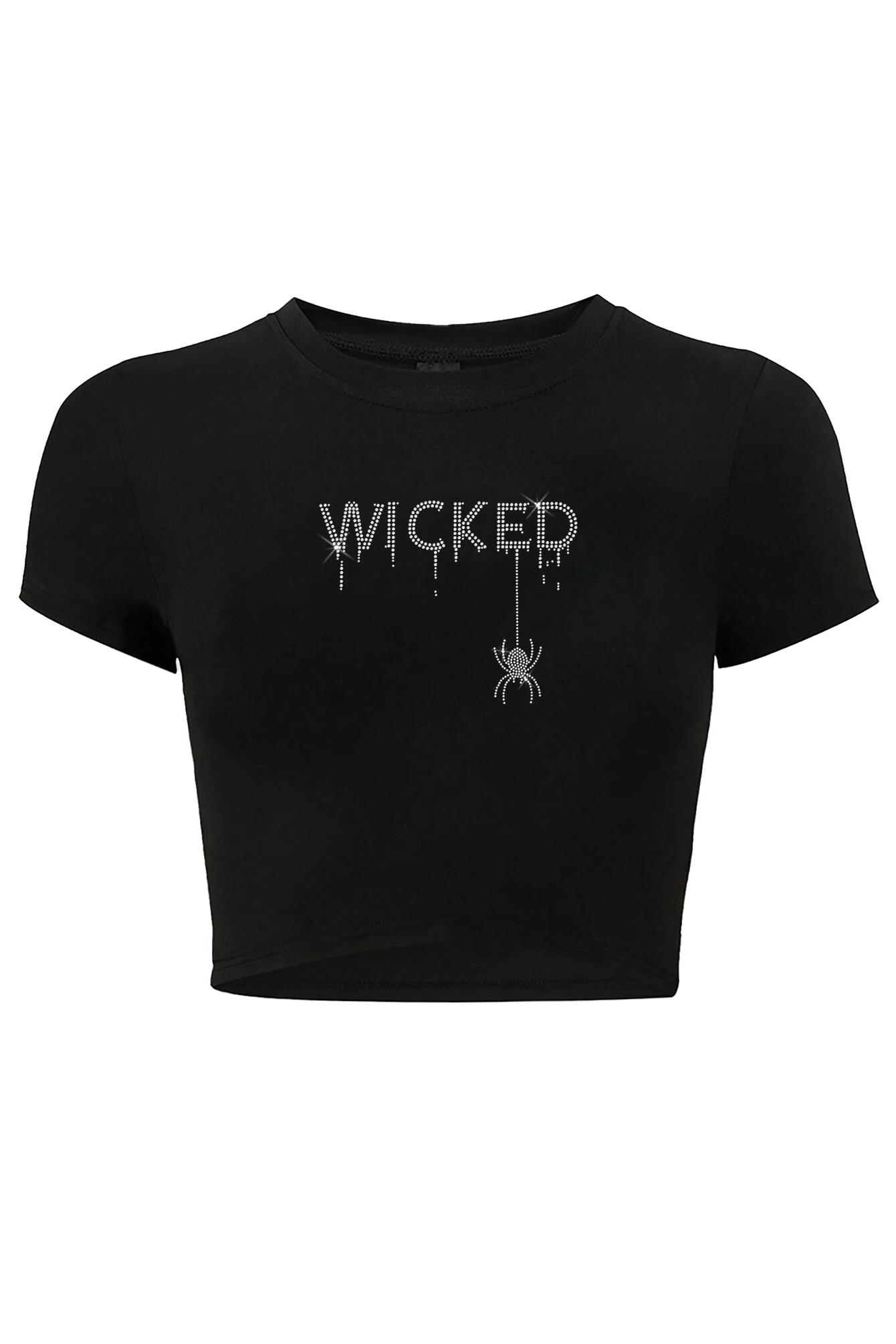 BRZ Collection Kadın Kristal Taş Baskılı White Wicked Crop T-shirt Siyah