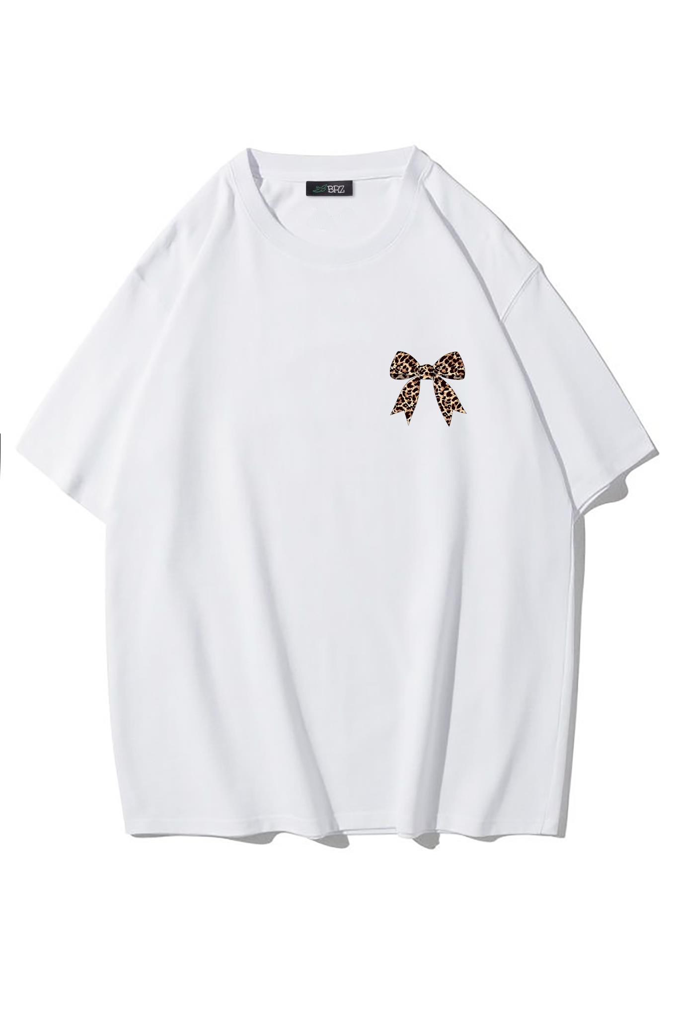 BRZ Collection Kadın Leopar Kurdele Desenli T-shirt Beyaz