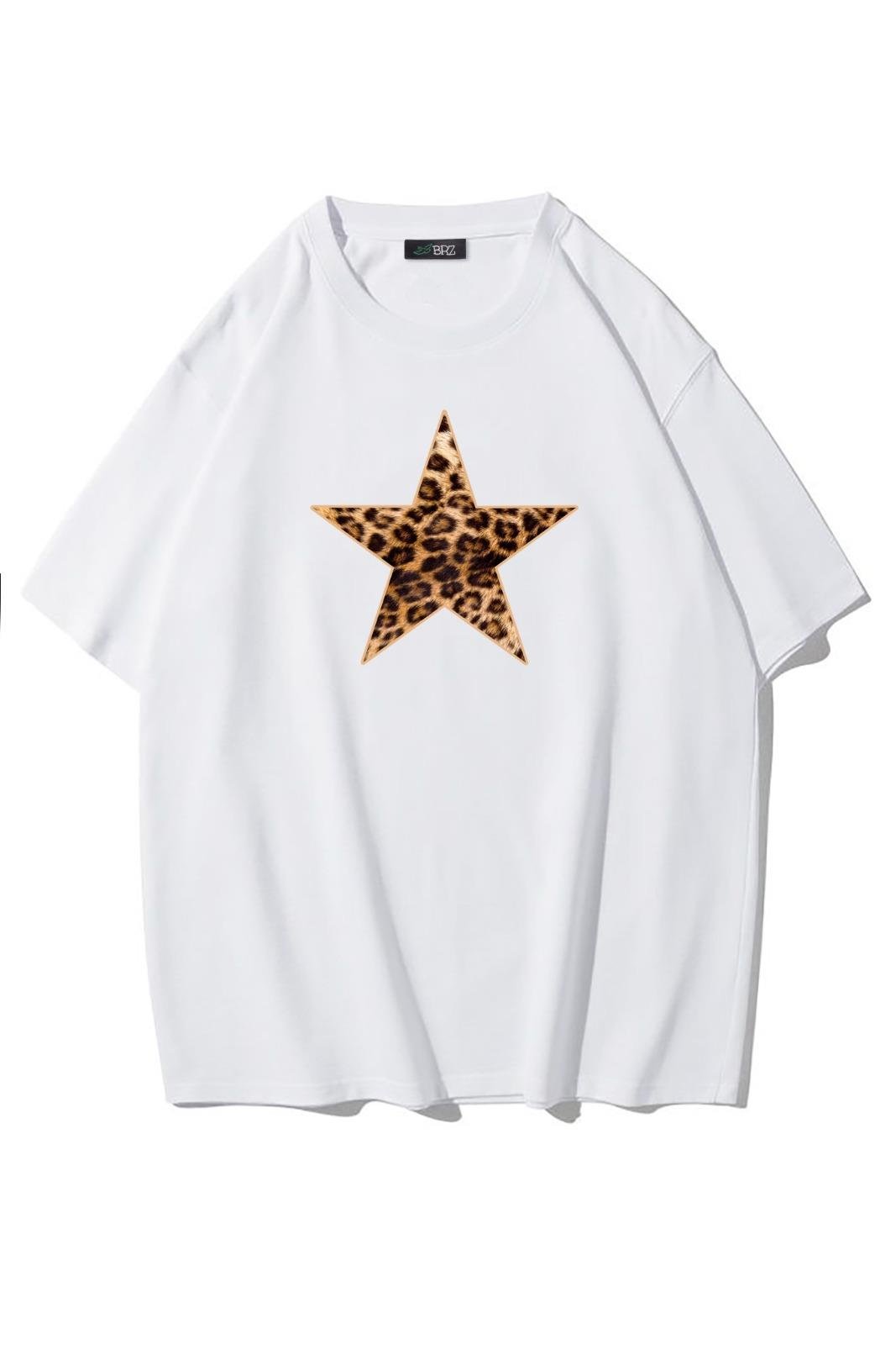 BRZ Collection Kadın Leopar Yıldız Desenli T-shirt Beyaz