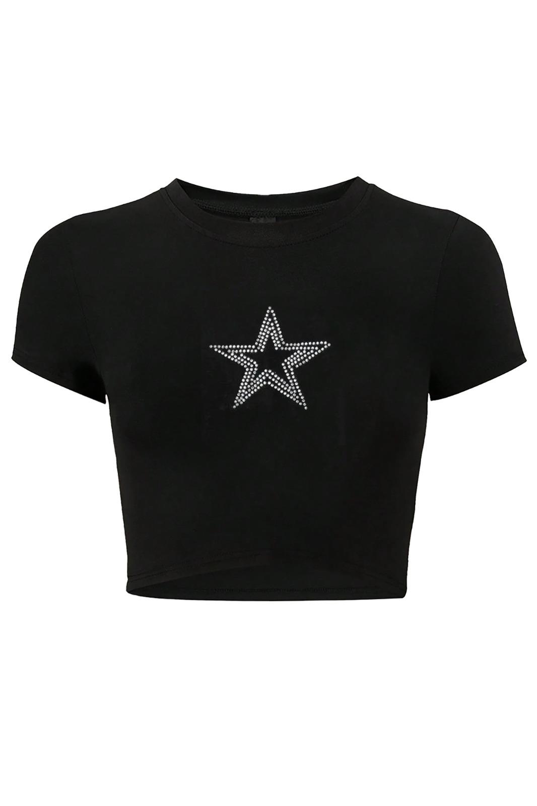 BRZ Collection Kadın Star Kristal Taş Baskılı Crop T-shirt Siyah