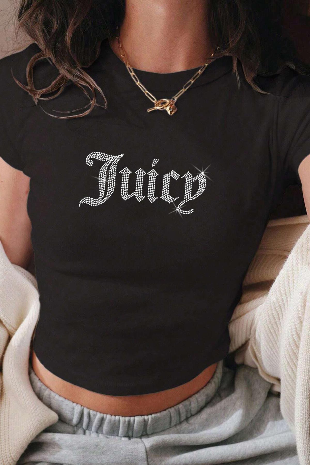 BRZ Collection Kadın Taş Baskılı Siyah Juicy Crop Siyah T-shirt Siyah