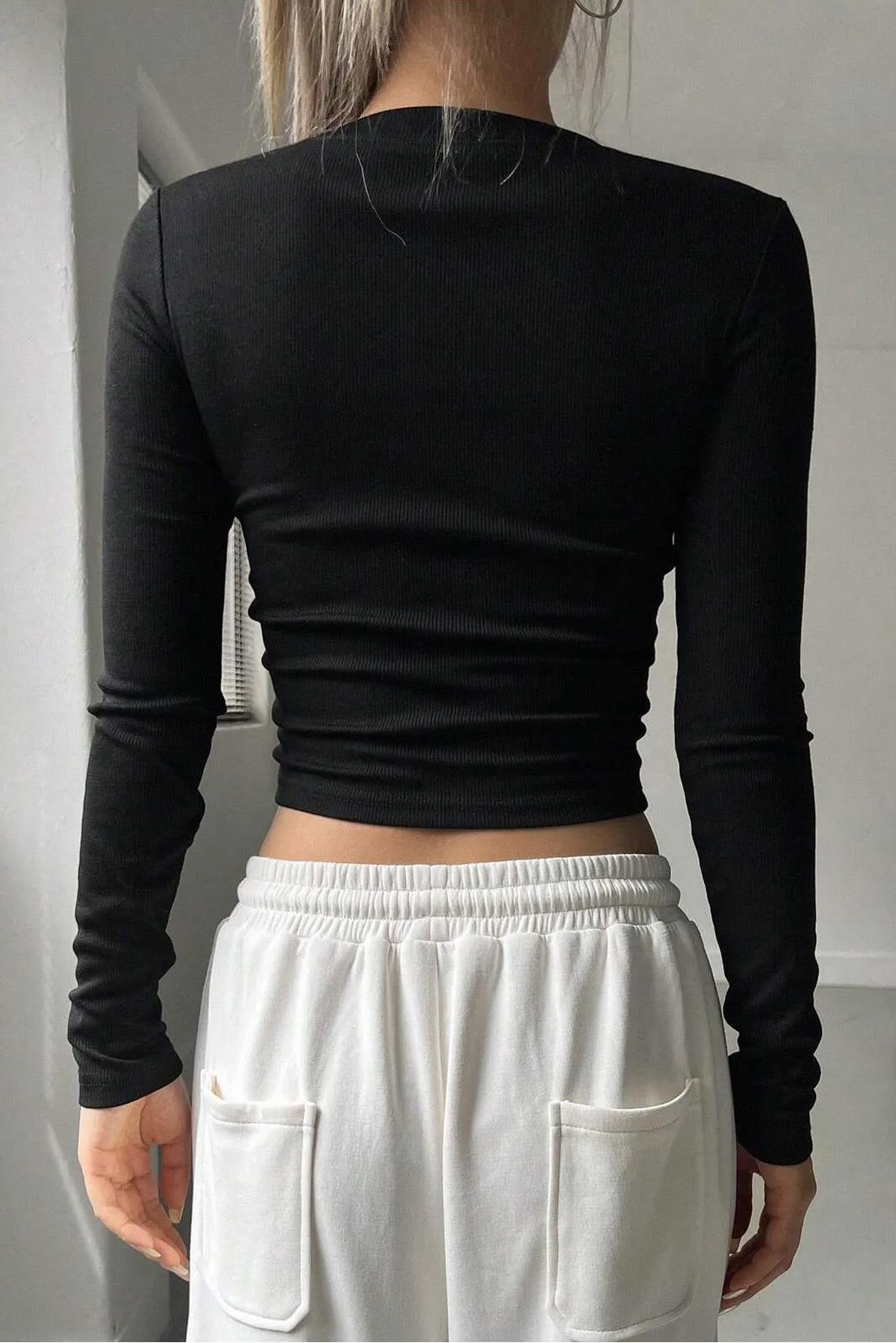 BRZ Collection Kadın Uzun Kollu Fitilli Basic Crop Bluz Siyah