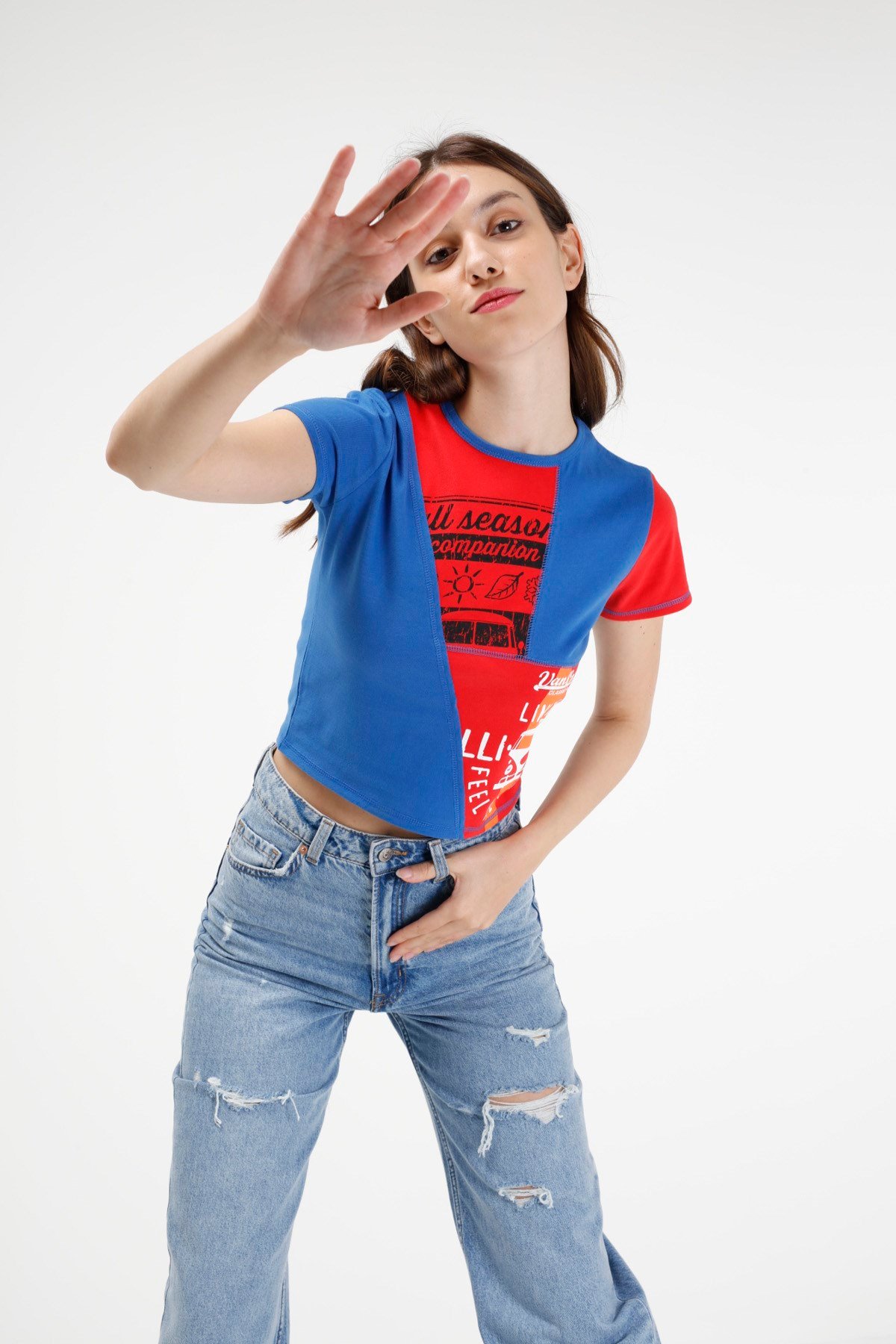 BRZ Collection Kontrast Renkli Baskılı Kısa Kollu Crop Kadın T-shirt