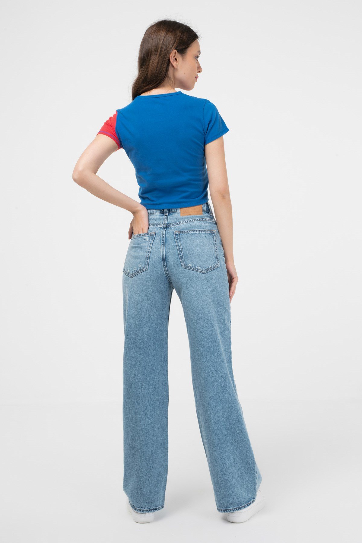 BRZ Collection Kontrast Renkli Baskılı Kısa Kollu Crop Kadın T-shirt