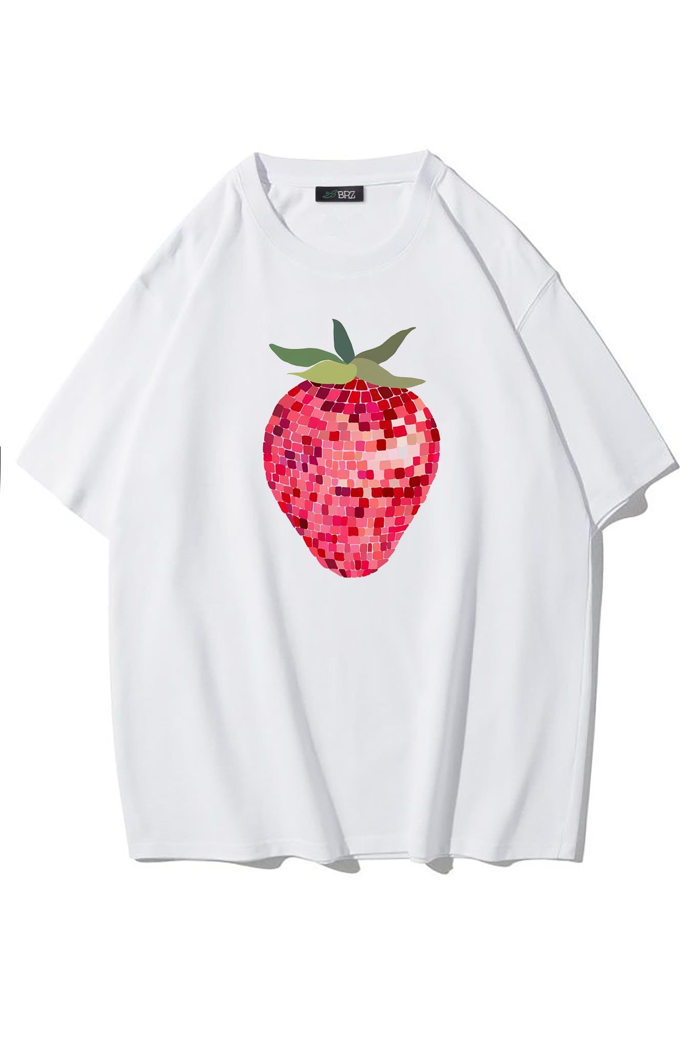 BRZ Collection Oversize Strawberry Disco Ball T-shirt Beyaz