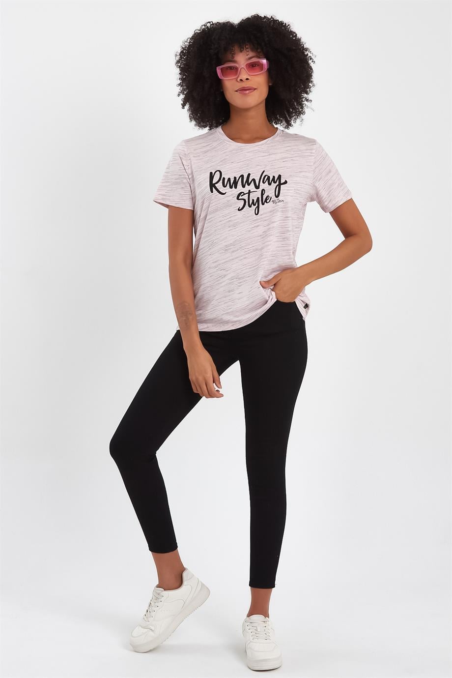 BRZ Collection Pembe Renk Siyah  Kırçıllı Kadın Kısa Kollu T-shirt