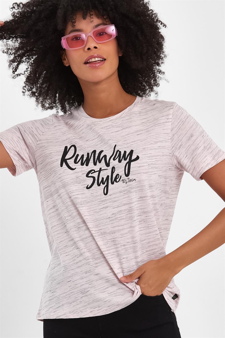 BRZ Collection Pembe Renk Siyah  Kırçıllı Kadın Kısa Kollu T-shirt