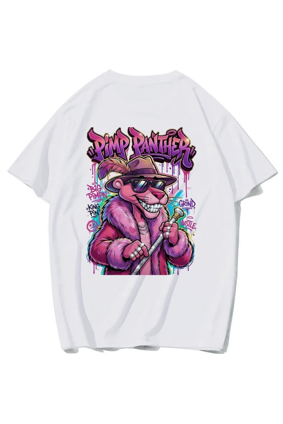 BRZ Collection Unisex Oversize Arka Baskılı Pimp Panther T-shirt (BEYAZ)