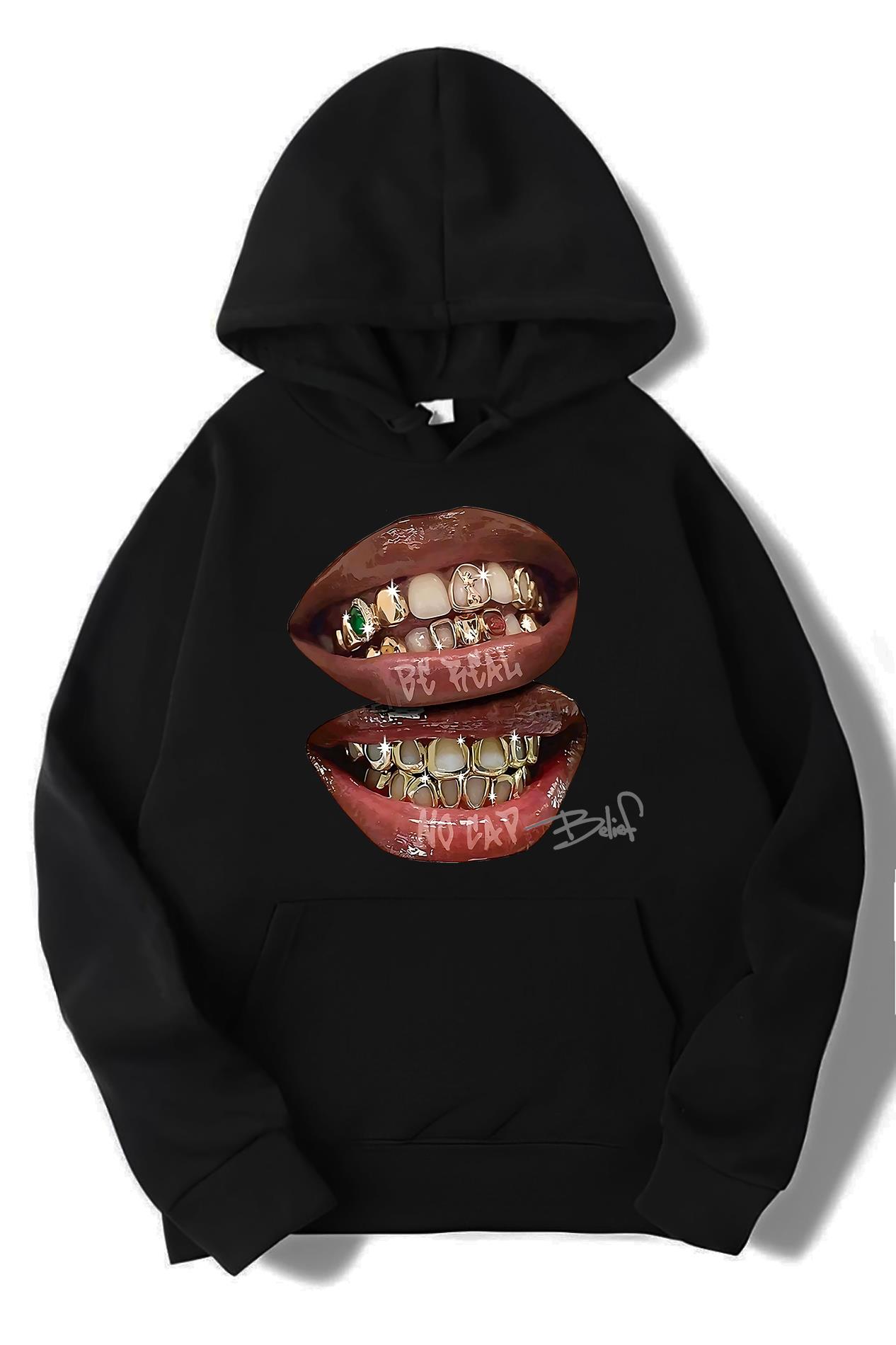 BRZ Collection Unisex Oversize Be Real No Cap Grillz Tee Hoodie Siyah