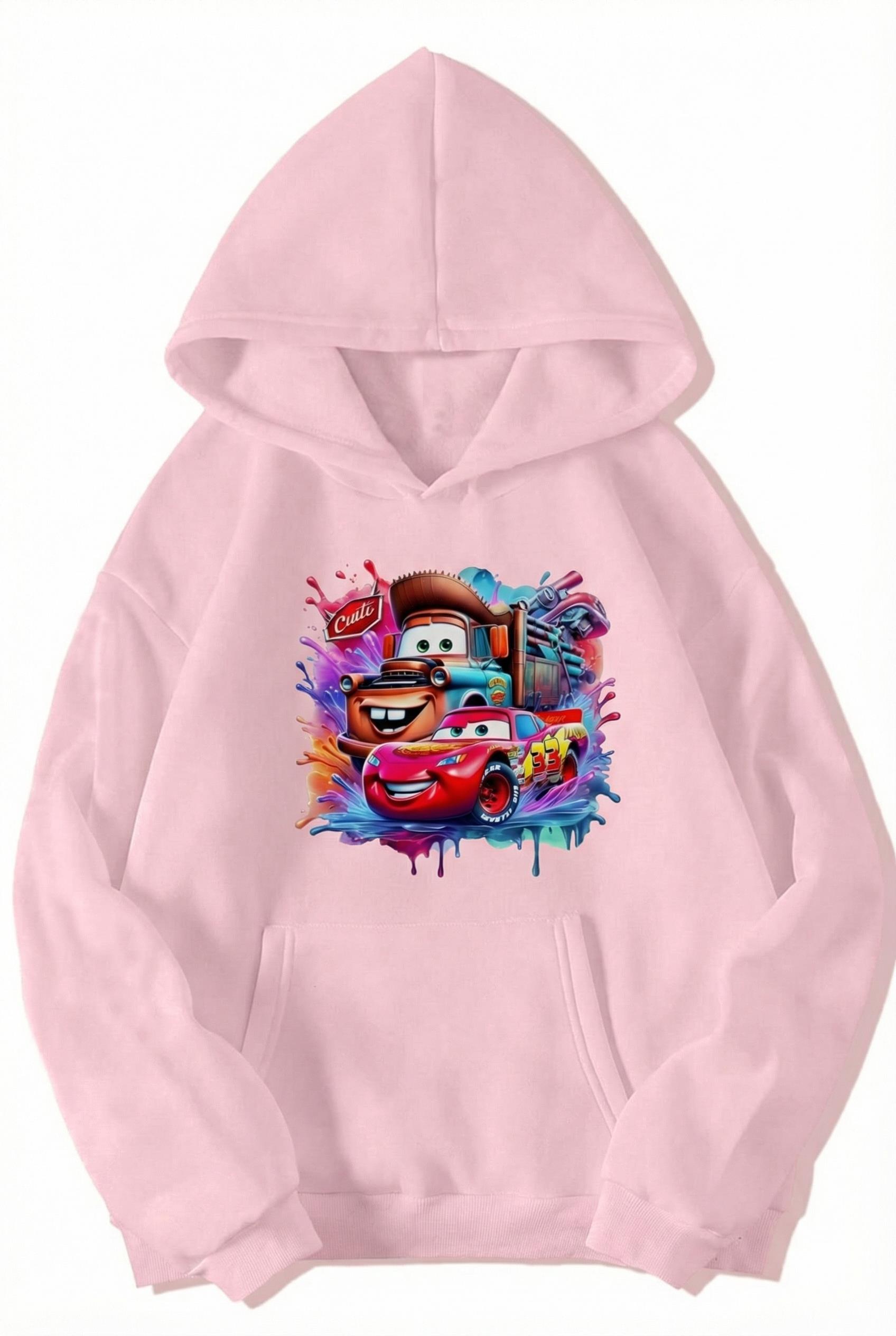BRZ Collection Unisex Oversize - Cars - McQueen & Tow Mater Best Friends Hoodie (AÇIK PEMBE)
