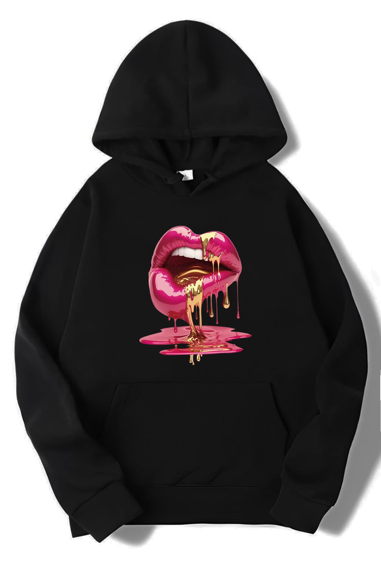 BRZ Collection Unisex Oversize Casu Lip Dudak Hoodie Siyah