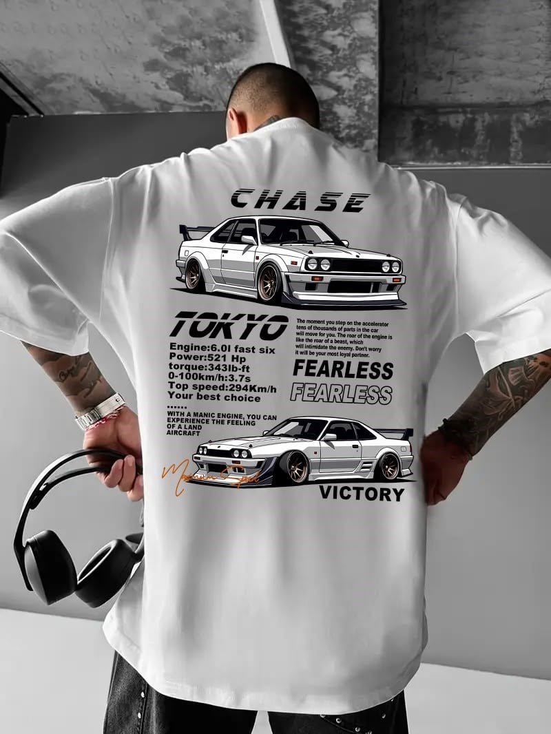 BRZ Collection Unisex Oversize Chase Tokyo Fearless T-shirt (BEYAZ)