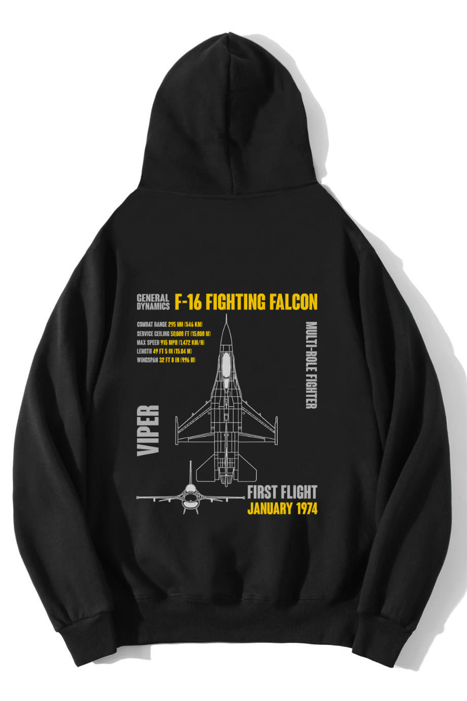 BRZ Collection Unisex Oversize General Dynamics F-16 Fighting Falcon Hoodie Siyah