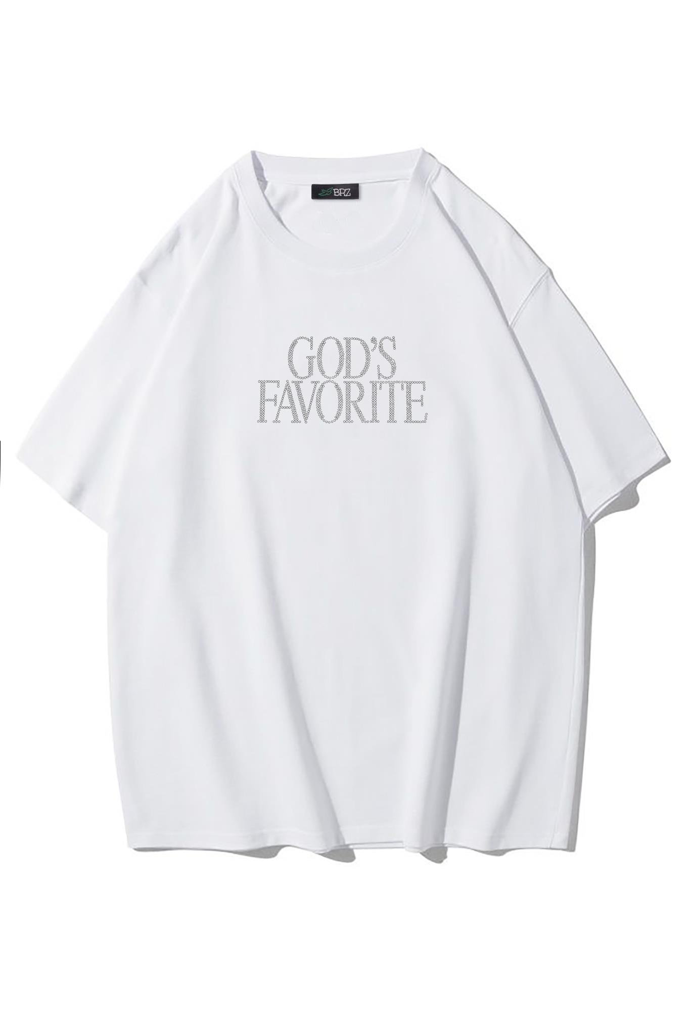 BRZ Collection Unisex Oversize God's Favorite Kristal Taş Baskılı T-shirt Beyaz