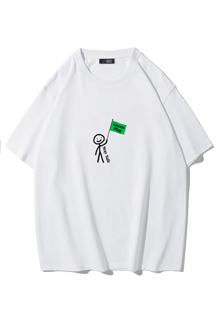 BRZ Collection Unisex Oversize Green Flag Stay Safe T-shirt BEYAZ