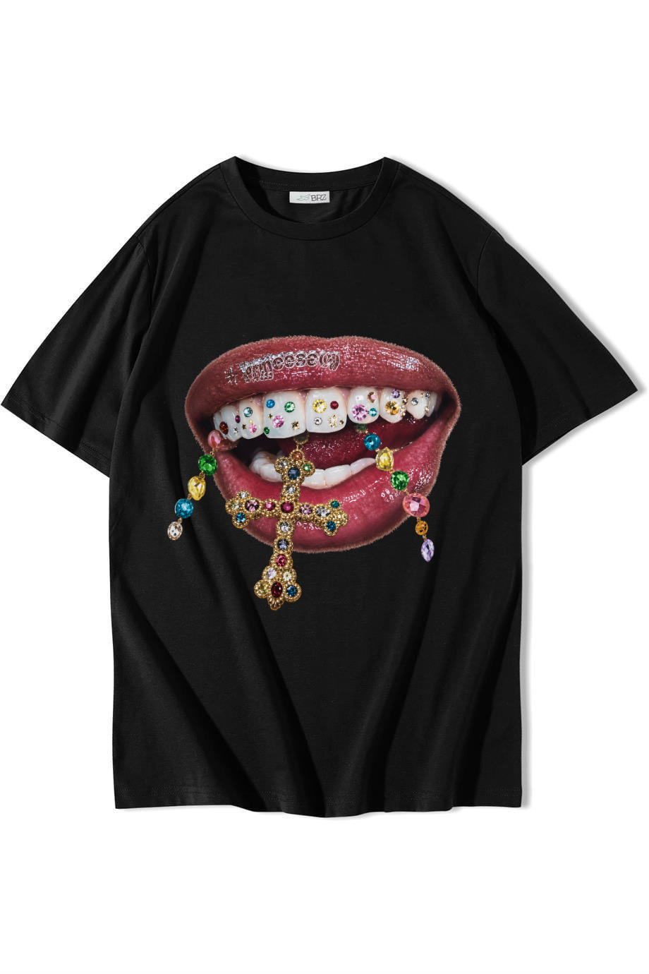 BRZ Collection Unisex Oversize Grillz Renkli Taş Dudak Desenli T-shirt Siyah