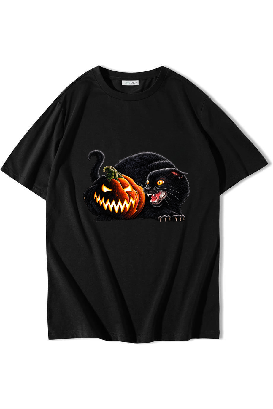BRZ Collection Unisex Oversize Halloween Pumpkin Black Cat T-shirt Siyah