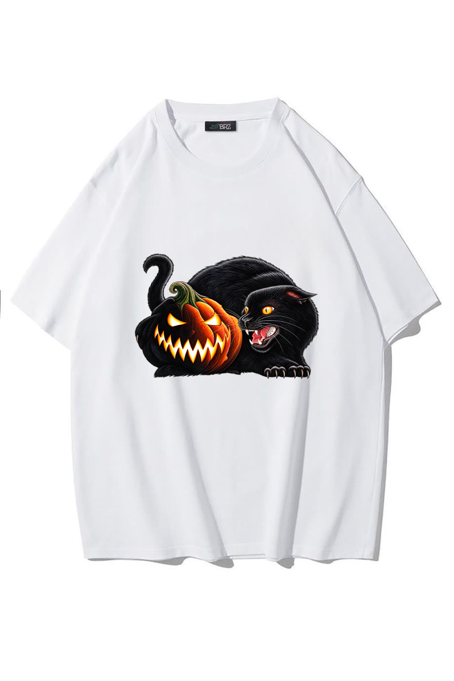 BRZ Collection Unisex Oversize Halloween Pumpkin Black Cat T-shirt BEYAZ
