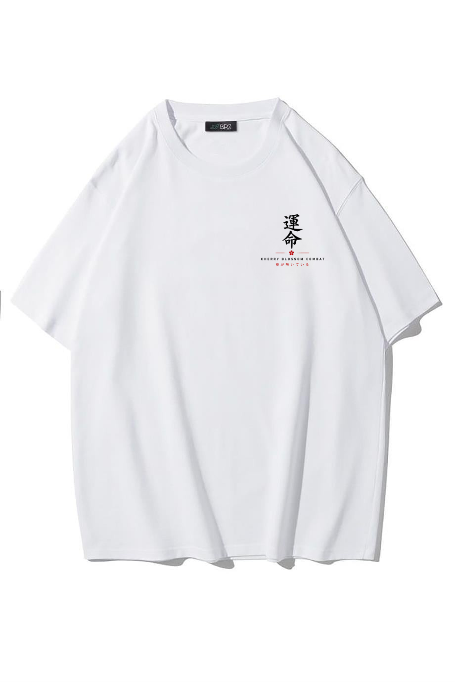 BRZ Collection Unisex Oversize Kitsune Sakura Warrior T-shirt (BEYAZ)