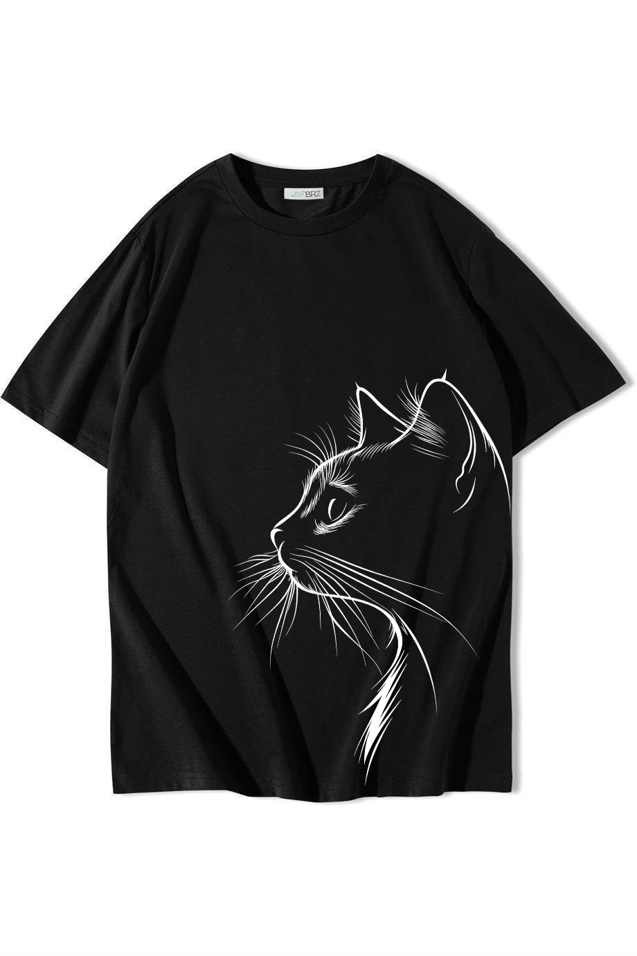 BRZ Collection Unisex Oversize Midnight Cat T-shirt Siyah