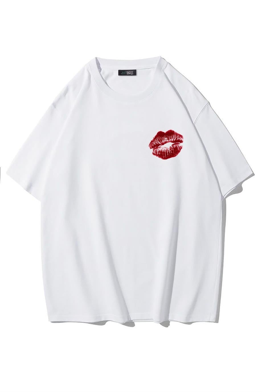 BRZ Collection Unisex Oversize Öpücük (Kiss) T-shirt (BEYAZ)