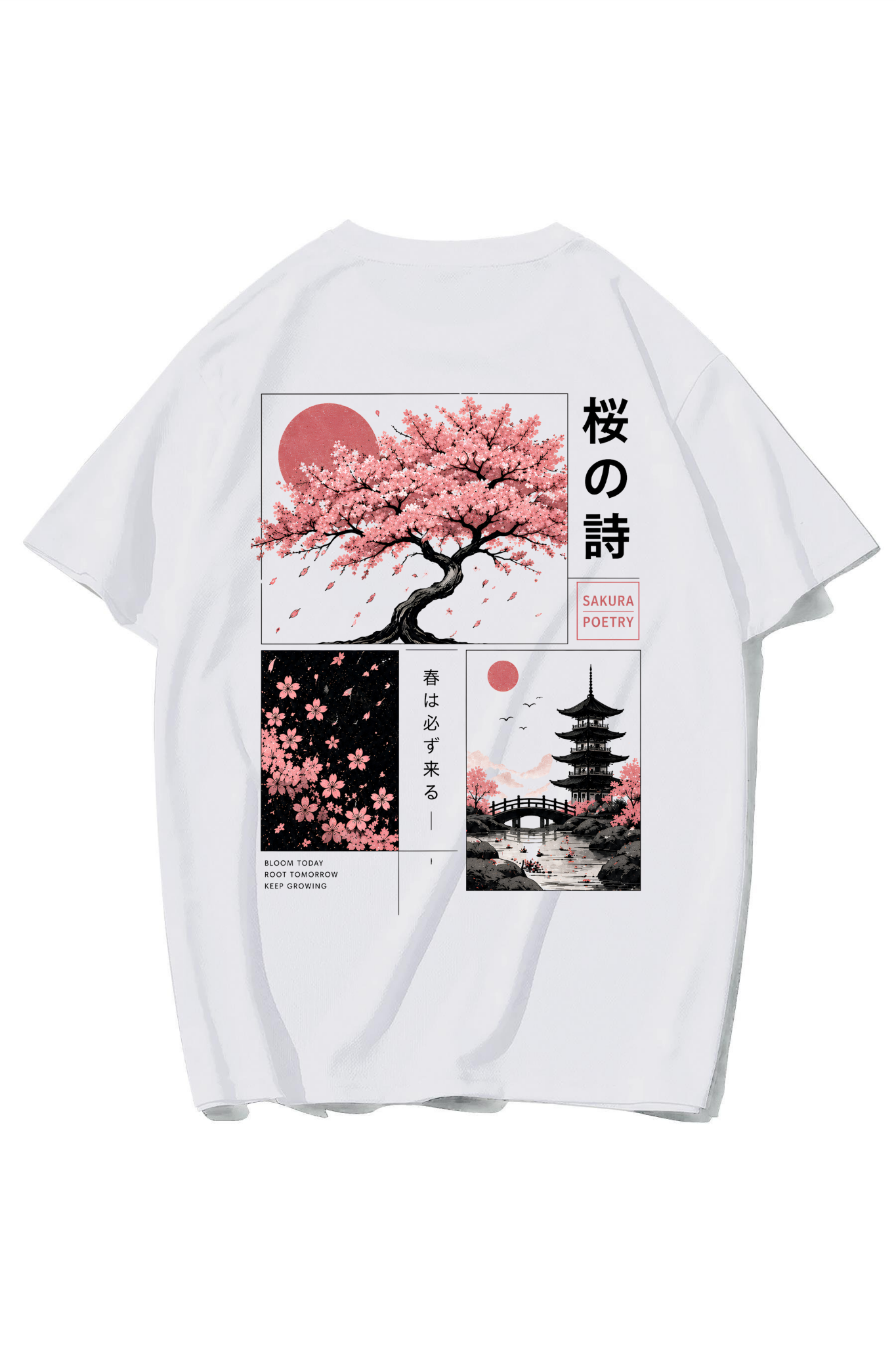 BRZ Collection Unisex Oversize Poetry Sakura T-shirt (BEYAZ)