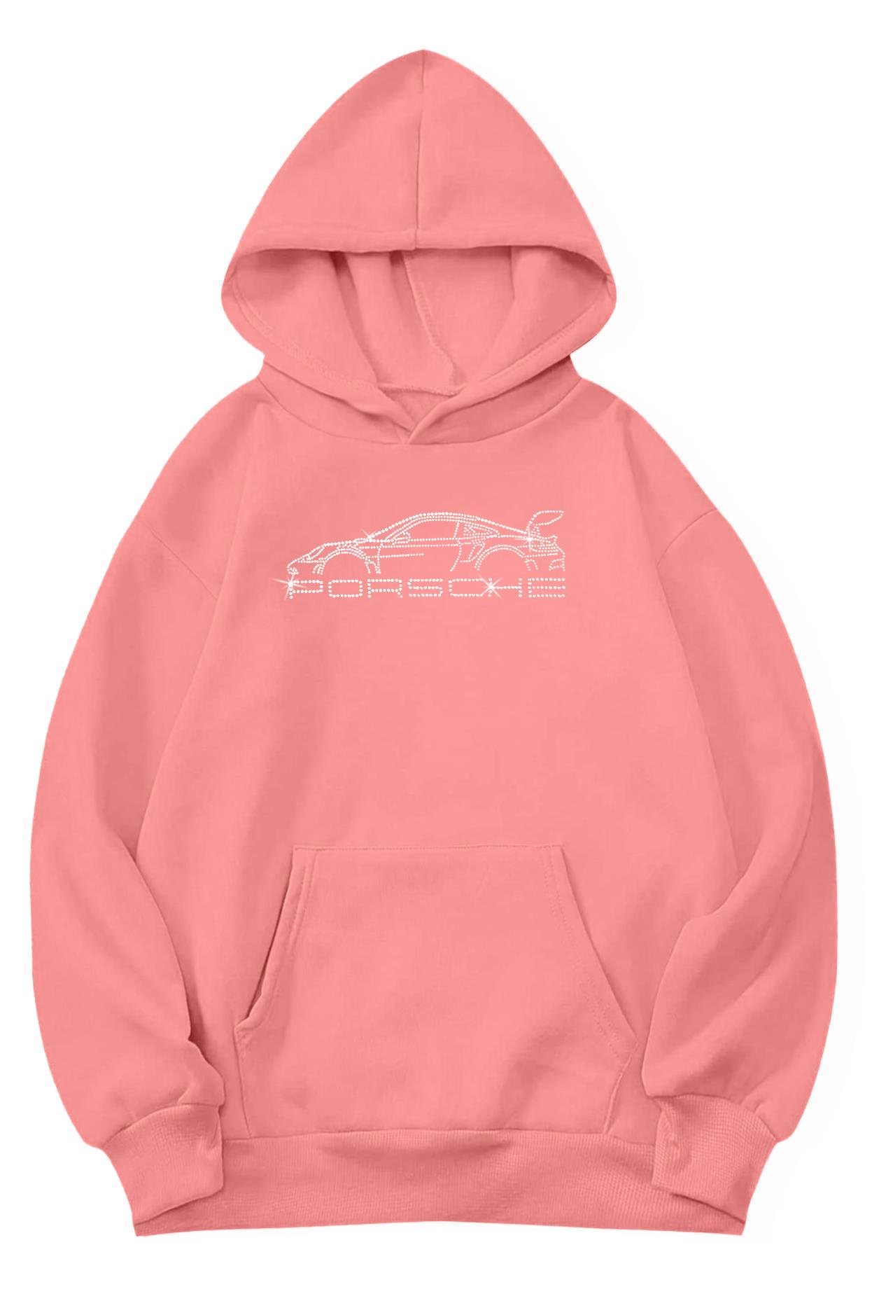 BRZ Collection Unisex Oversize Porsche Kristal Taş Baskılı Hoodie Pembe