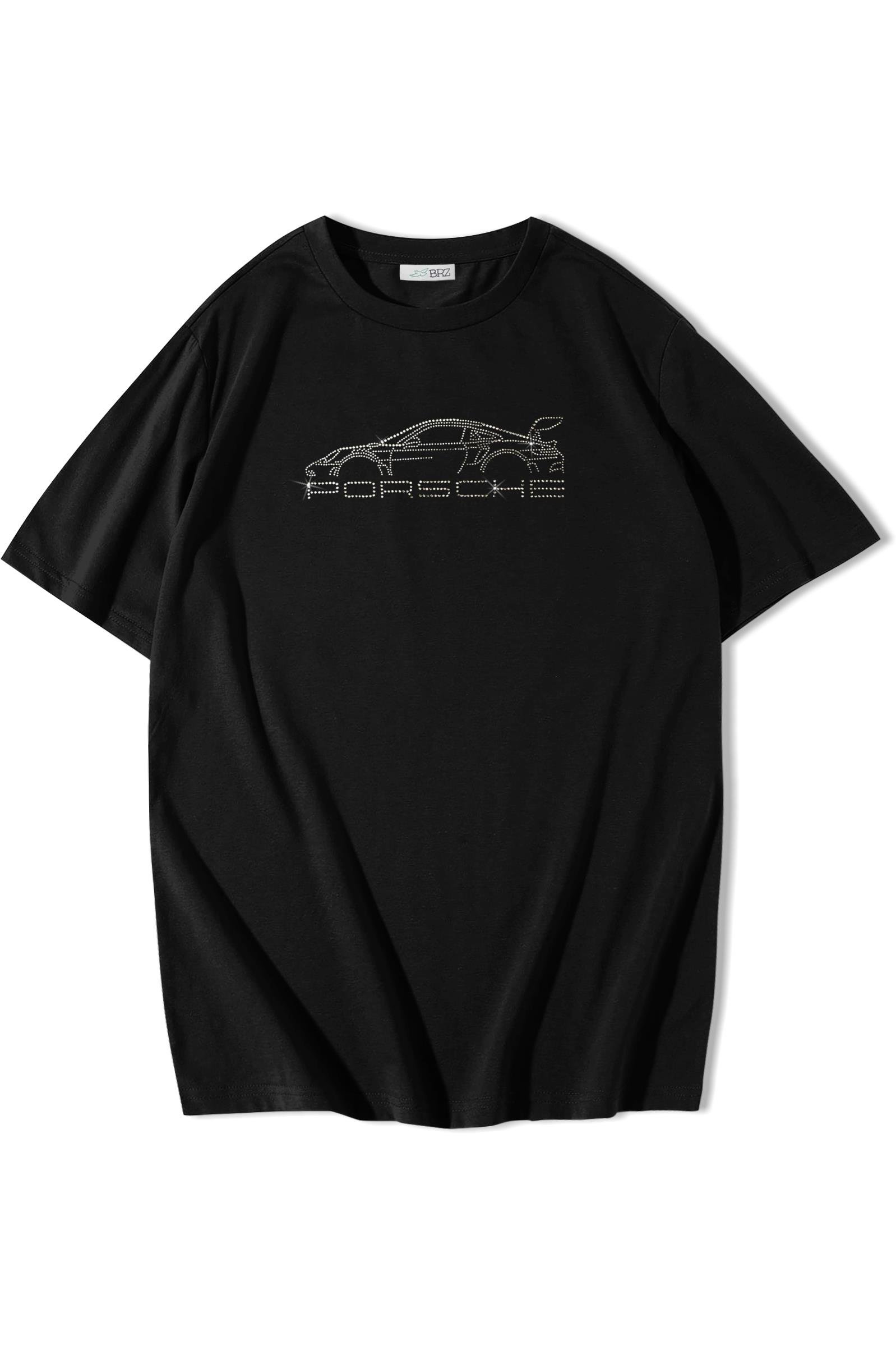 BRZ Collection Unisex Oversize Porsche Kristal Taş Baskılı T-shirt