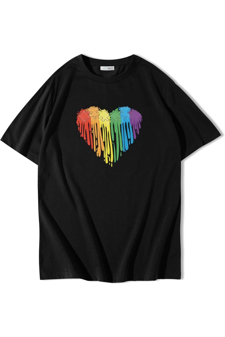 BRZ Collection Unisex Oversize Puzzle Rainbow Siyah T-shirt