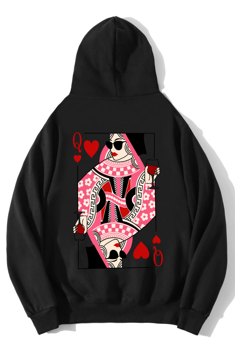 BRZ Collection Unisex Oversize Queen of Hearts Iskambil Kızı Q HOODIE Siyah