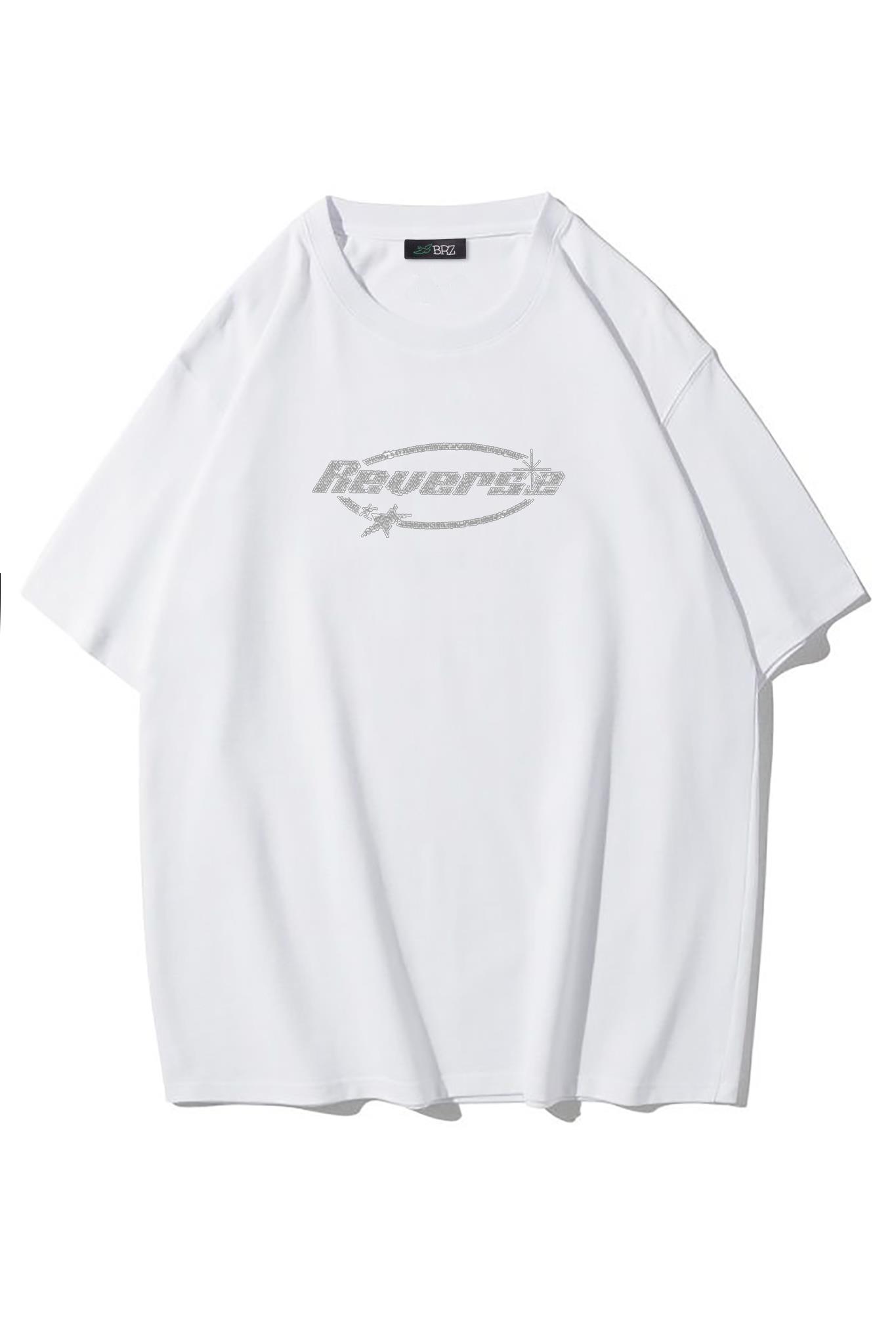 BRZ Collection Unisex Oversize Reverse Kristal Taş Baskılı T-shirt Beyaz