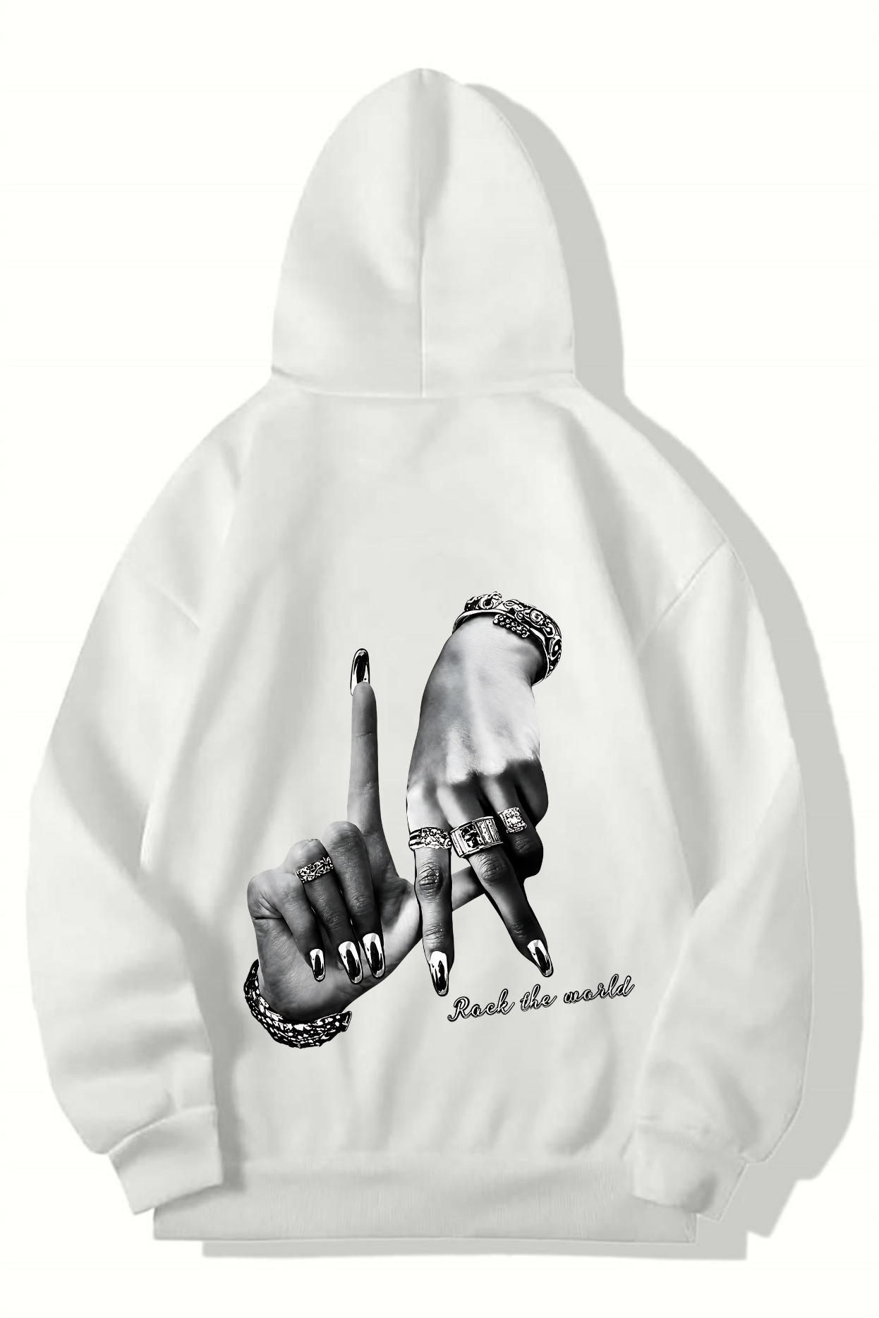 BRZ Collection Unisex Oversize Rock The World HOODIE (BEYAZ)