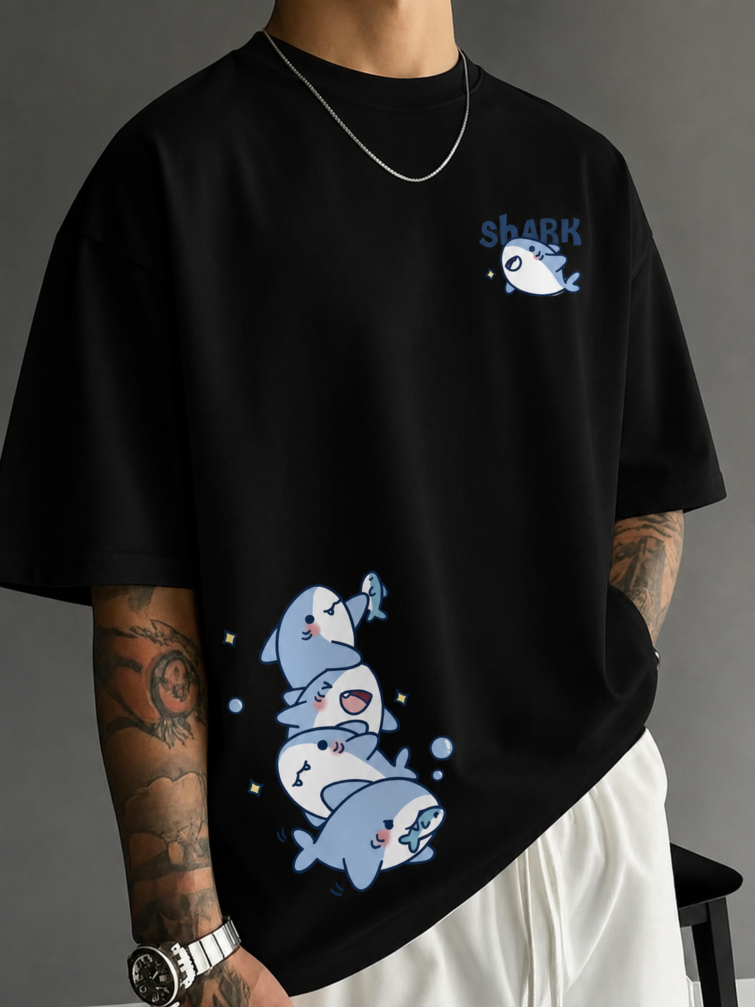 BRZ Collection Unisex Oversize Shark T-shirt Siyah