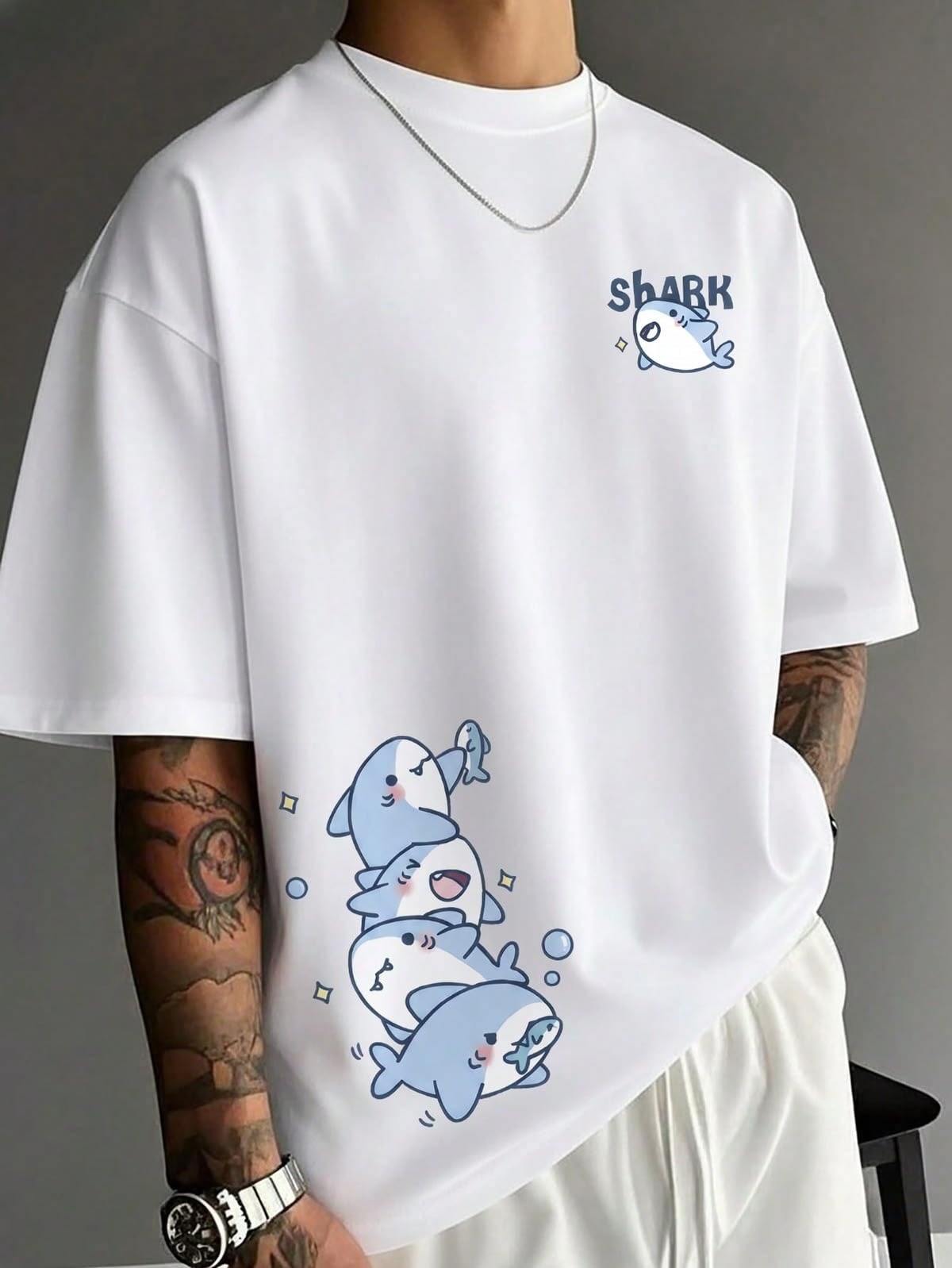 BRZ Collection Unisex Oversize Shark T-shirt (BEYAZ)
