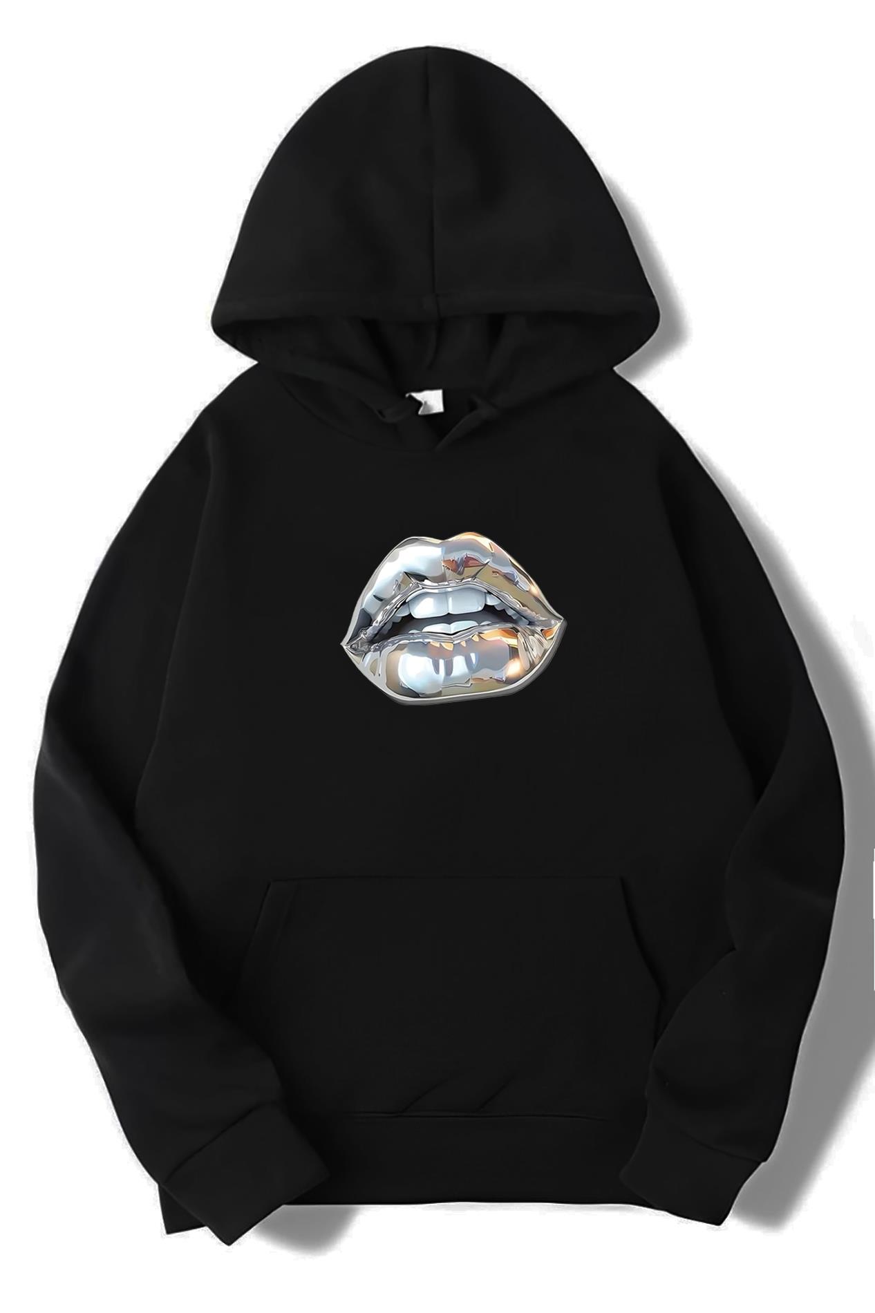 BRZ Collection Unisex Oversize Silver Lip Gümüş Dudak Hoodie Siyah