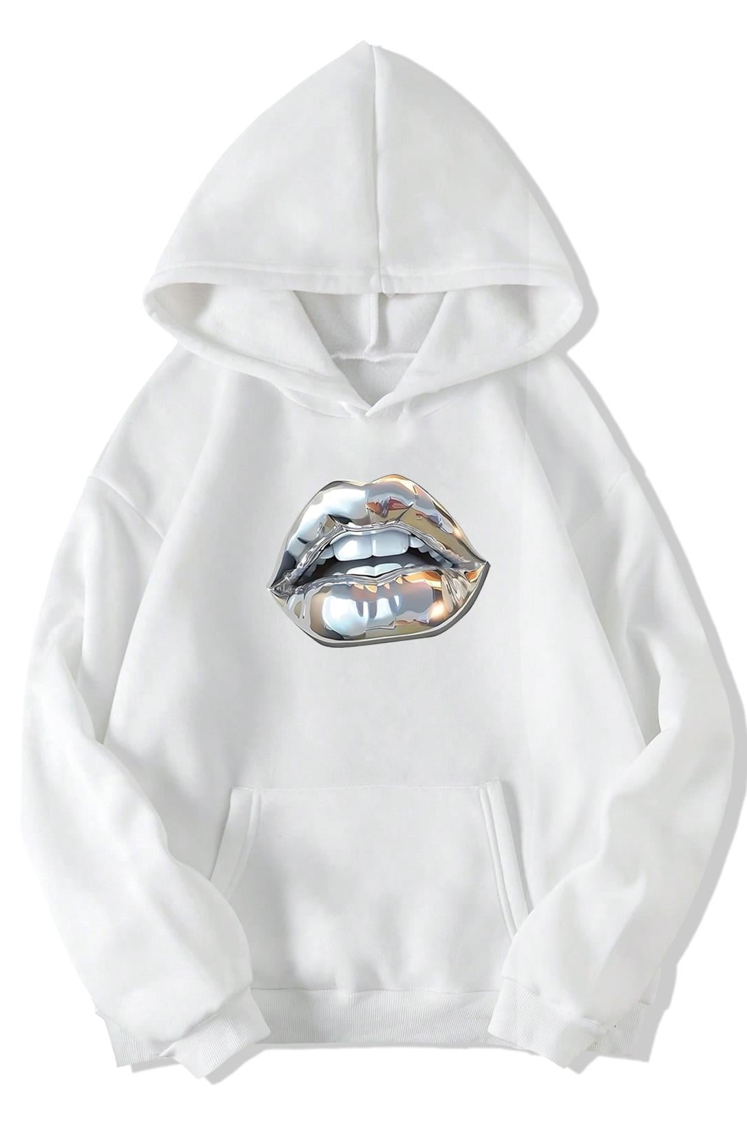 BRZ Collection Unisex Oversize Silver Lip Gümüş Dudak Hoodie (BEYAZ)