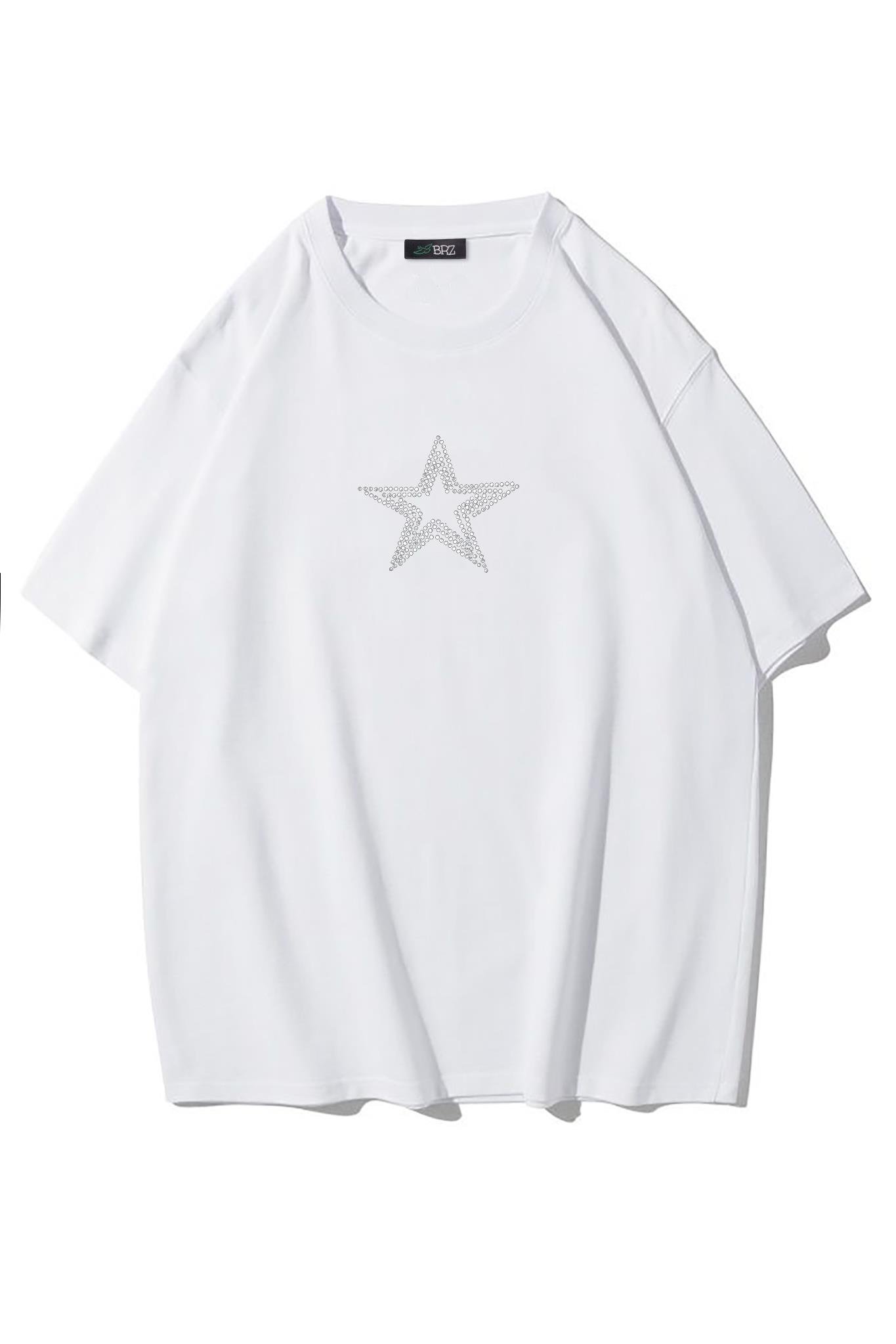 BRZ Collection Unisex Oversize Star Kristal Taş Baskılı T-shirt Beyaz