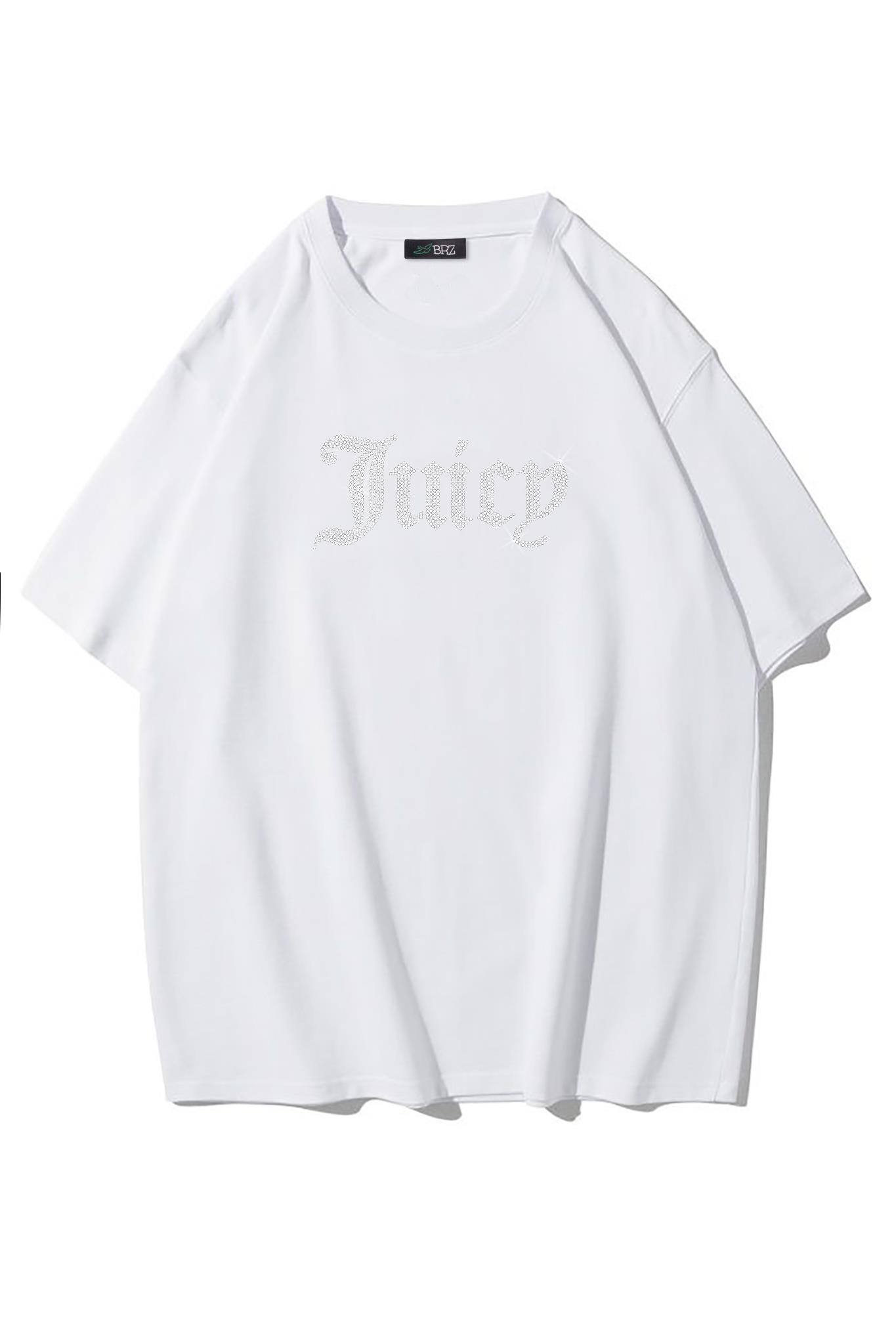 BRZ Collection Unisex Oversize Taş Baskılı Juicy T-shirt Beyaz