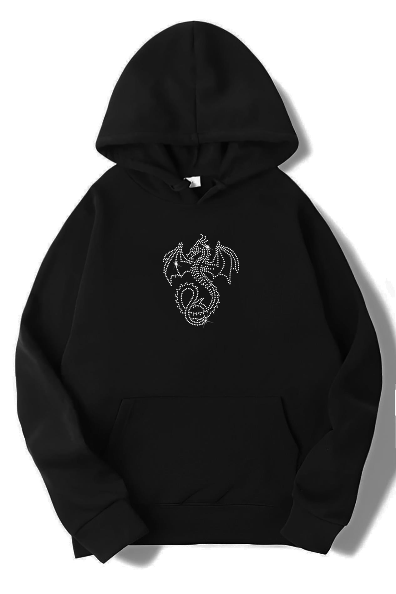 BRZ Collection Unisex Oversize Taşlı Dragon White Hoodie