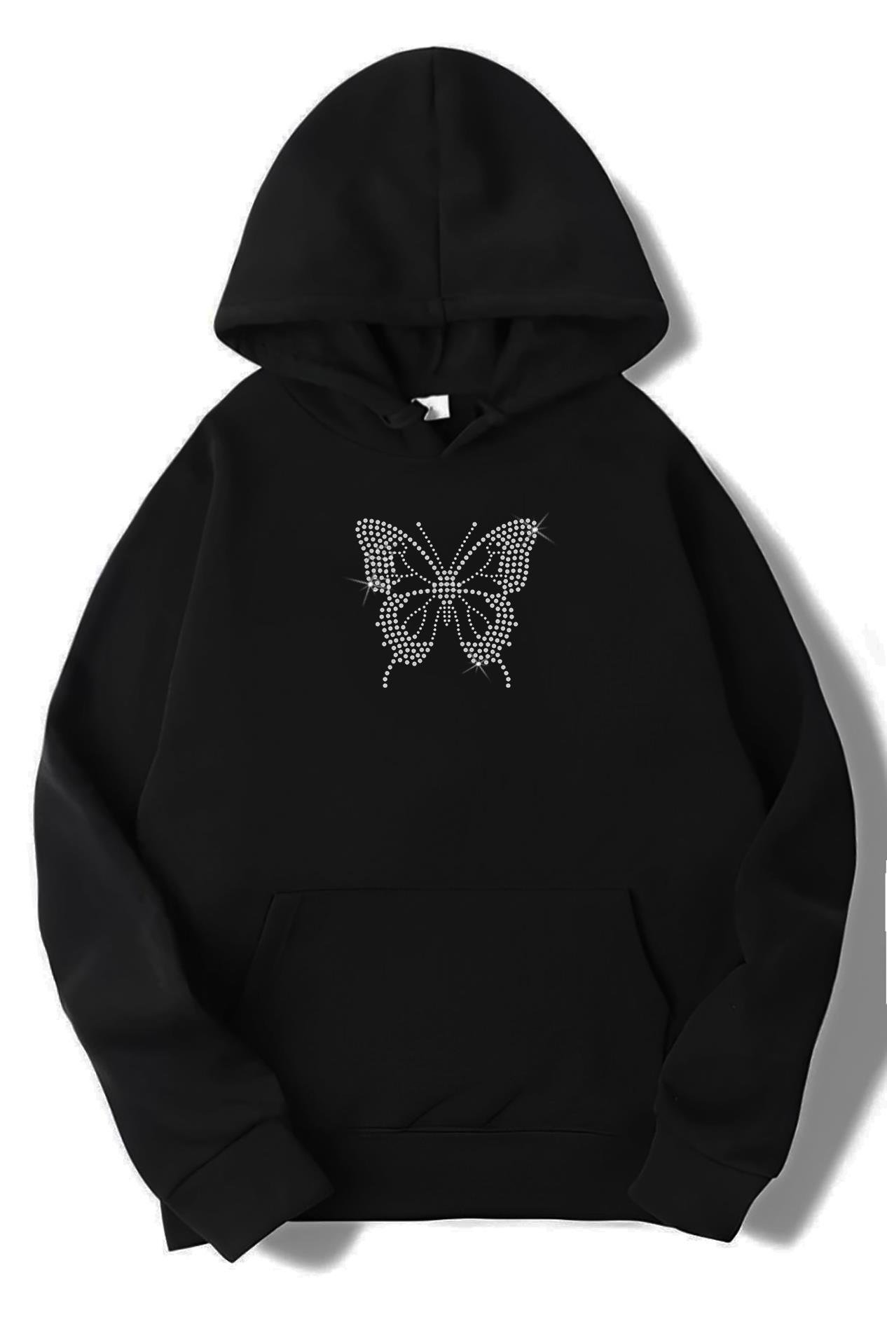 BRZ Collection Unisex Oversize Taşlı Kelebek Hoodie