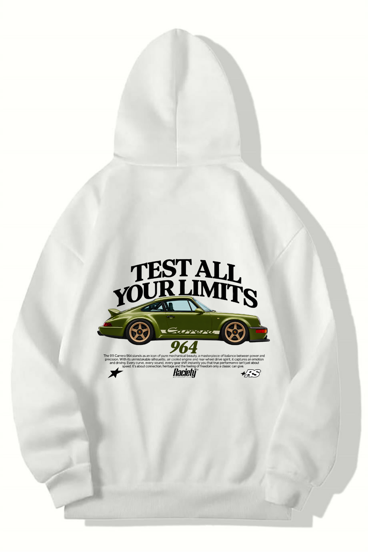BRZ Collection Unisex Oversize Test Your Limits Carrera 964 Hoodie (BEYAZ)