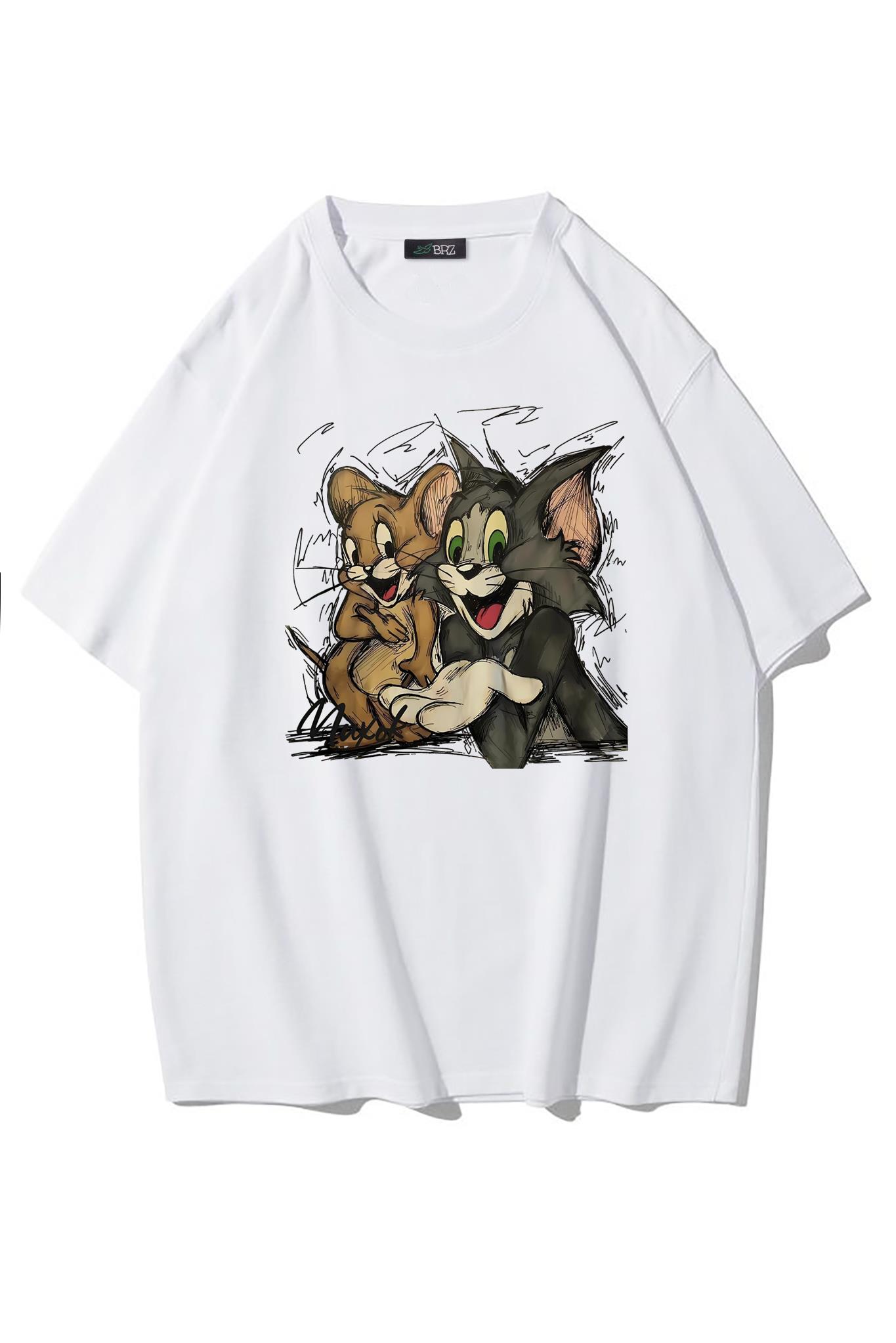 BRZ Collection Unisex Oversize Tom ve Jerry T-shirt Beyaz