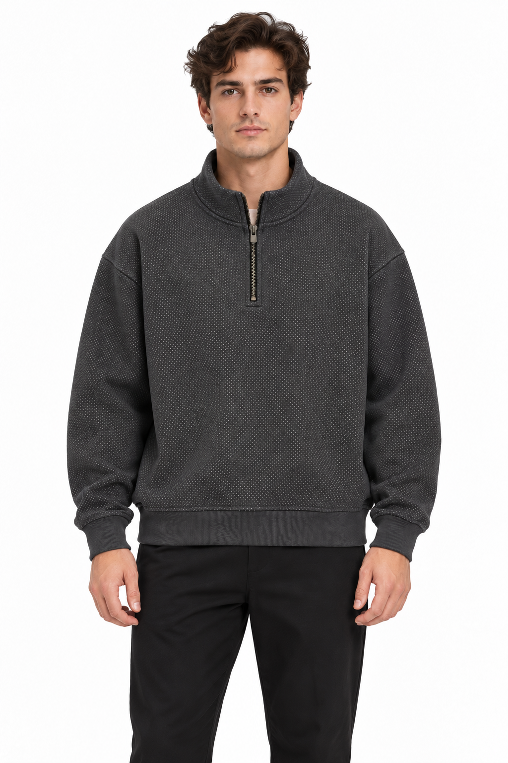 BRZ Collection Unisex Oversize Yarım Fermuarlı Dik Yaka Desenli Oversize Sweatshirt – (Antrasit)