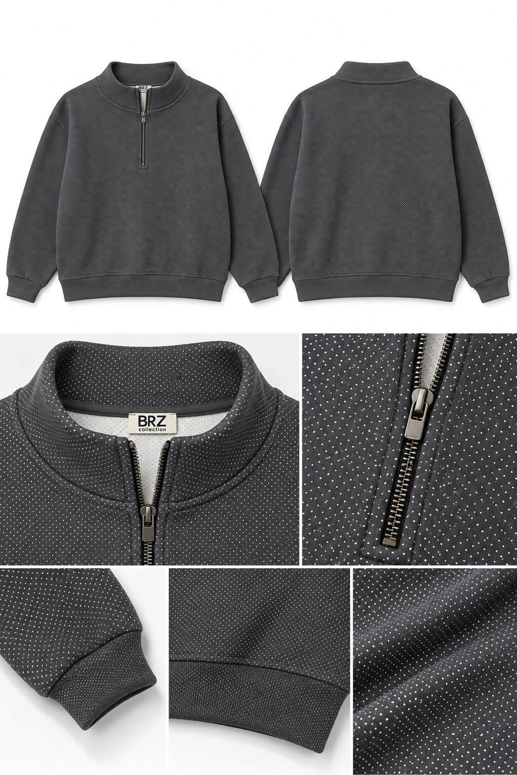 BRZ Collection Unisex Yarım Fermuarlı Dik Yaka Desenli Oversize Sweatshirt – (Antrasit)