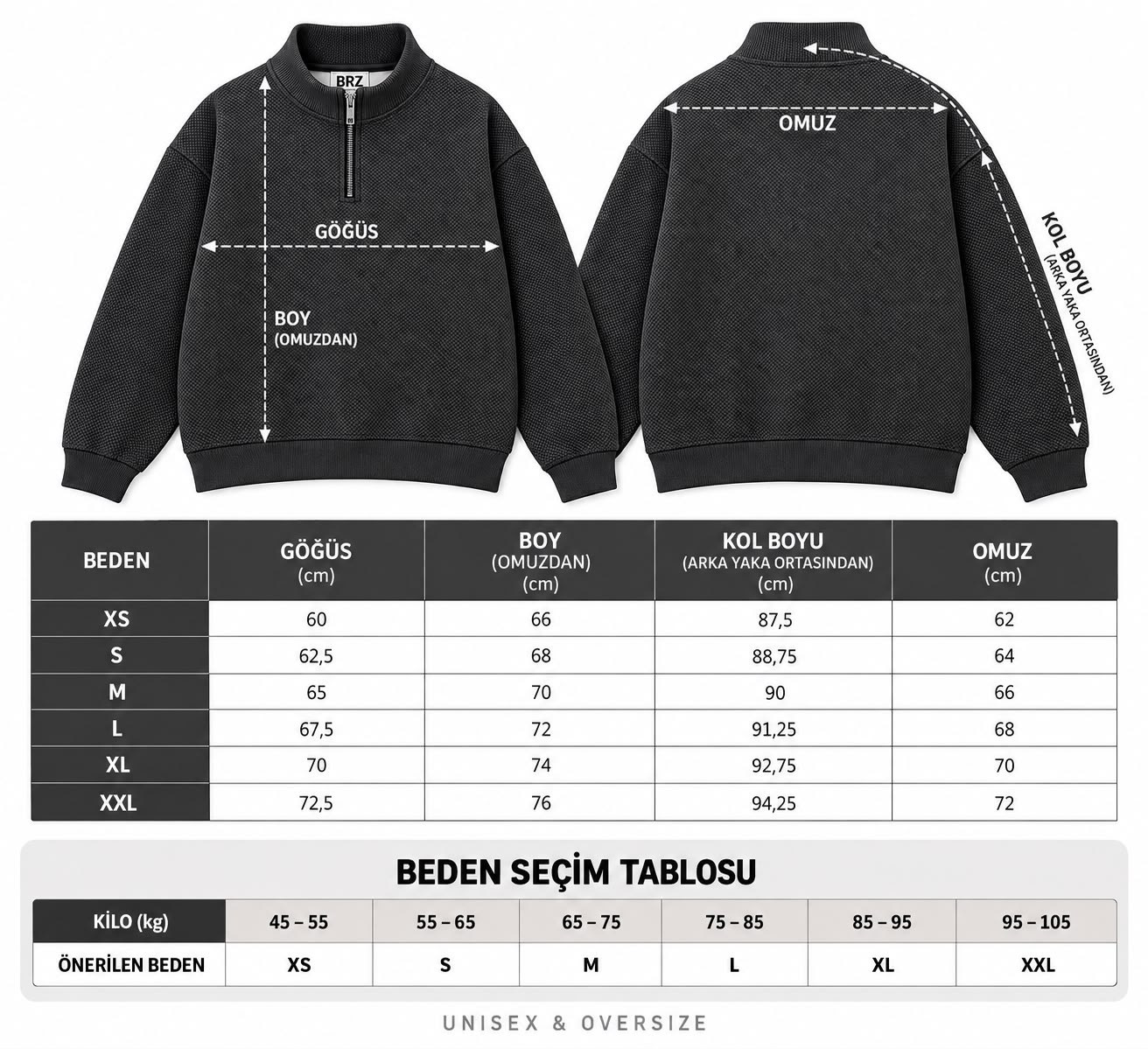 BRZ Collection Unisex Yarım Fermuarlı Dik Yaka Desenli Oversize Sweatshirt – (Antrasit)