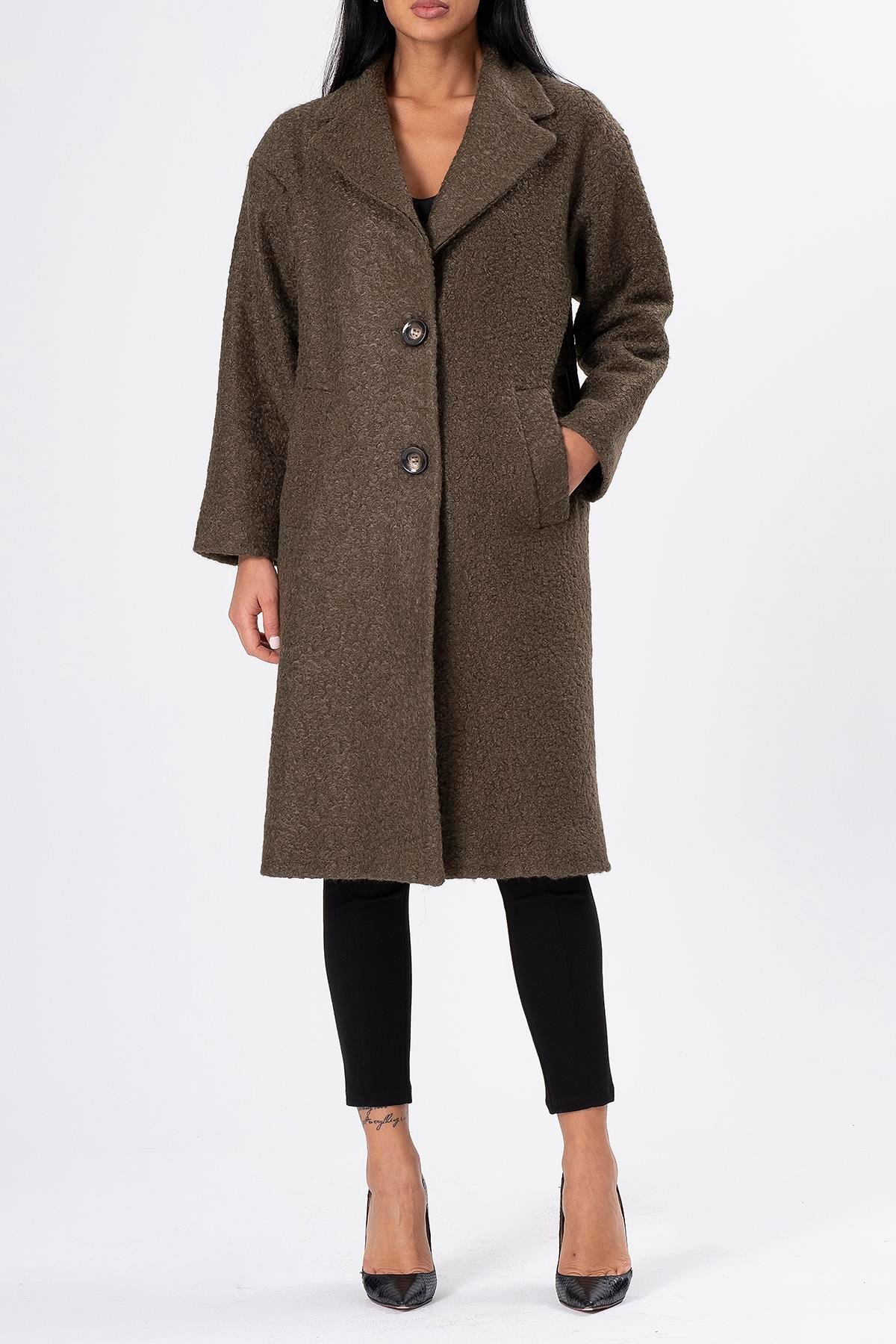 Kruvaze Düğmeli Oversize Buklet Kaban